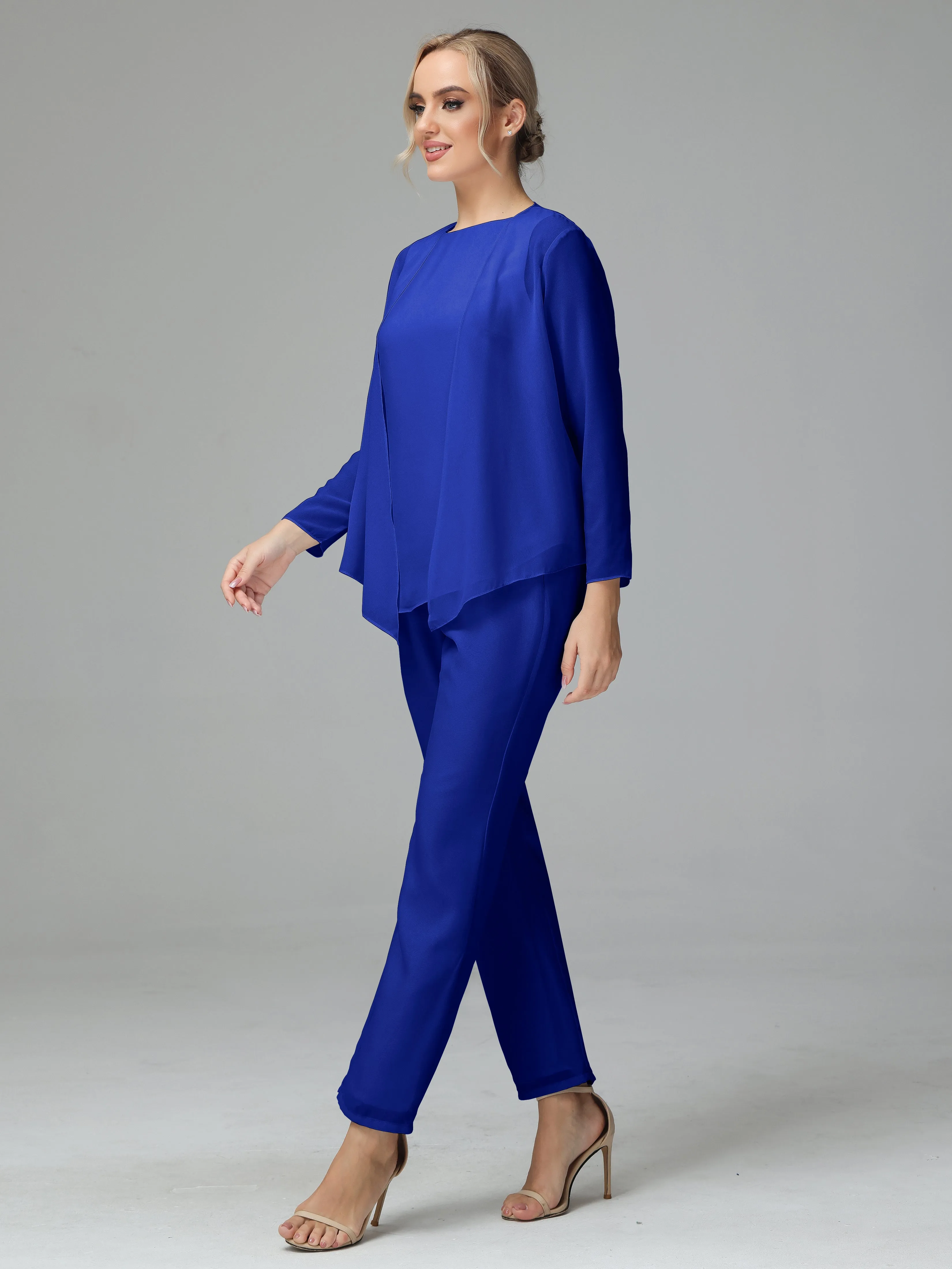 Long Sleeves 3 Pieces Chiffon Mother of Bride Dress Pant Suits