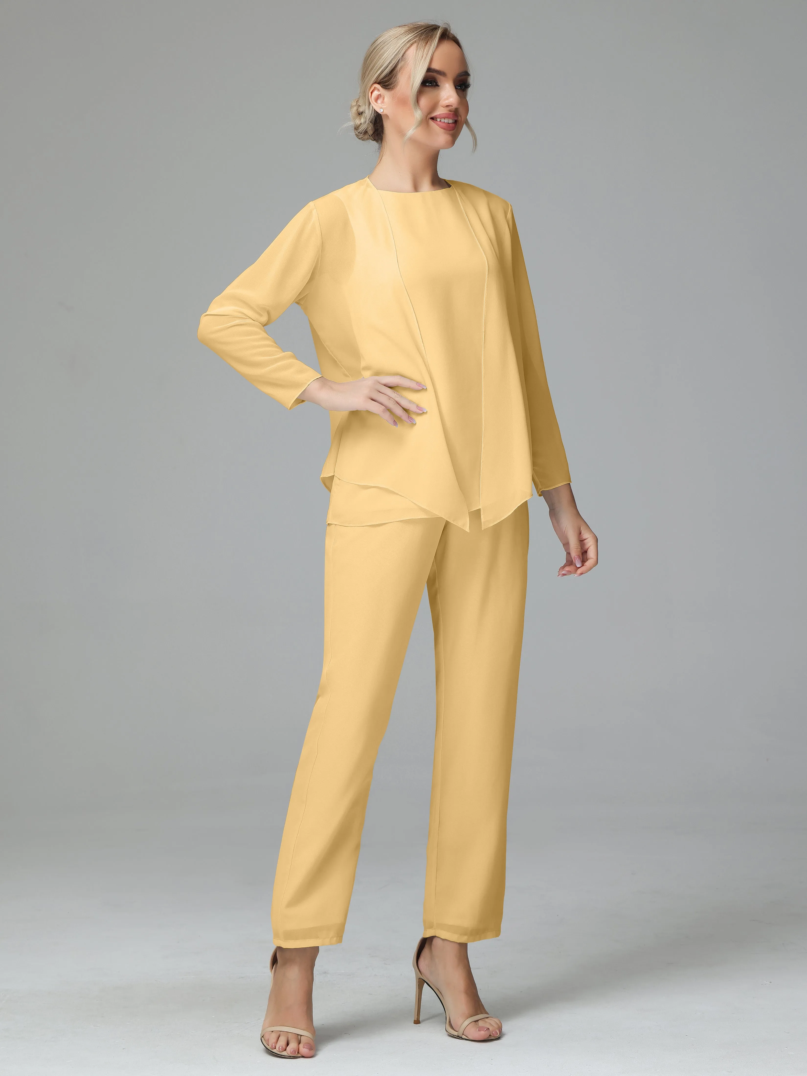 Long Sleeves 3 Pieces Chiffon Mother of Bride Dress Pant Suits