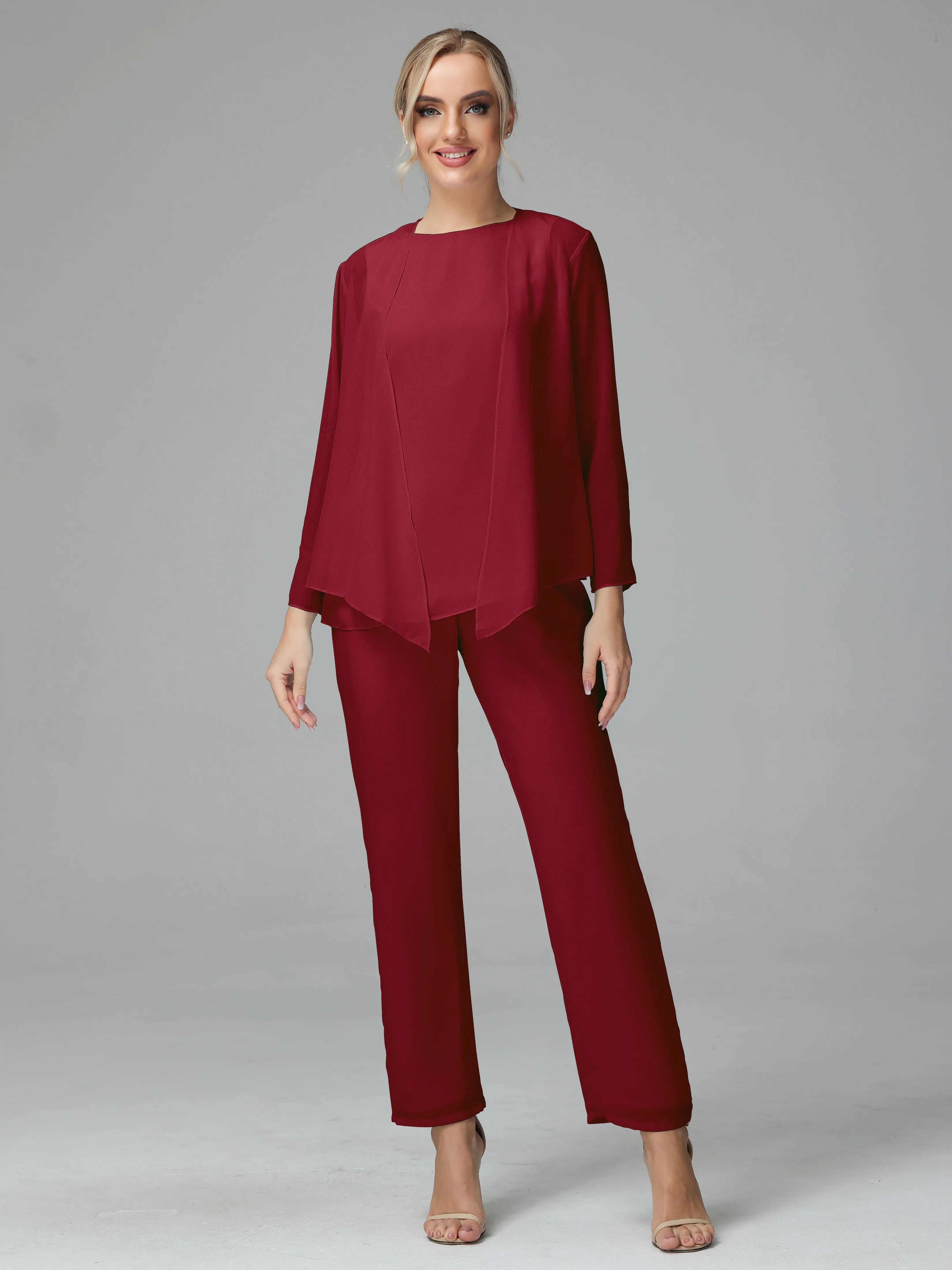 Long Sleeves 3 Pieces Chiffon Mother of Bride Dress Pant Suits