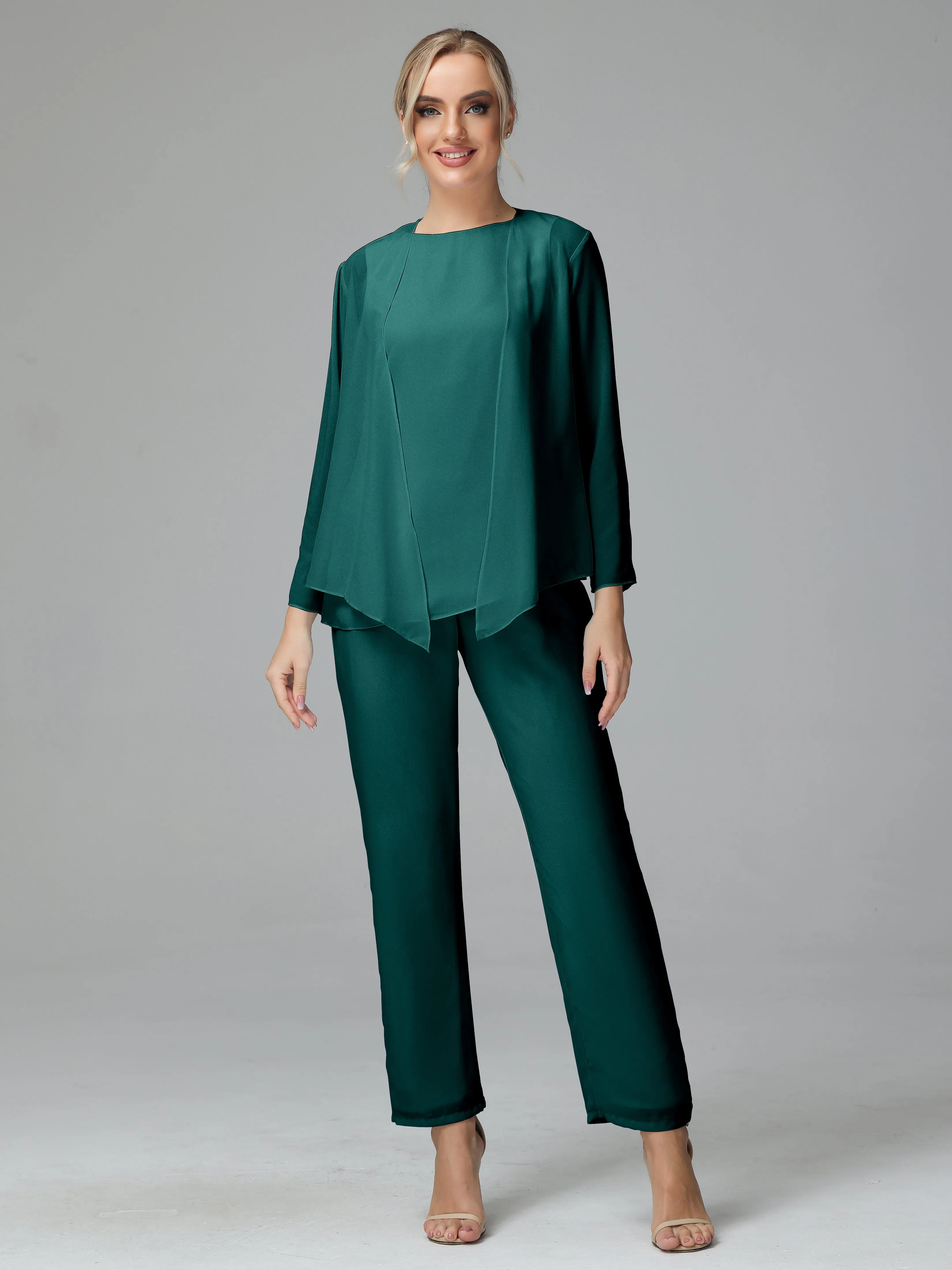 Long Sleeves 3 Pieces Chiffon Mother of Bride Dress Pant Suits