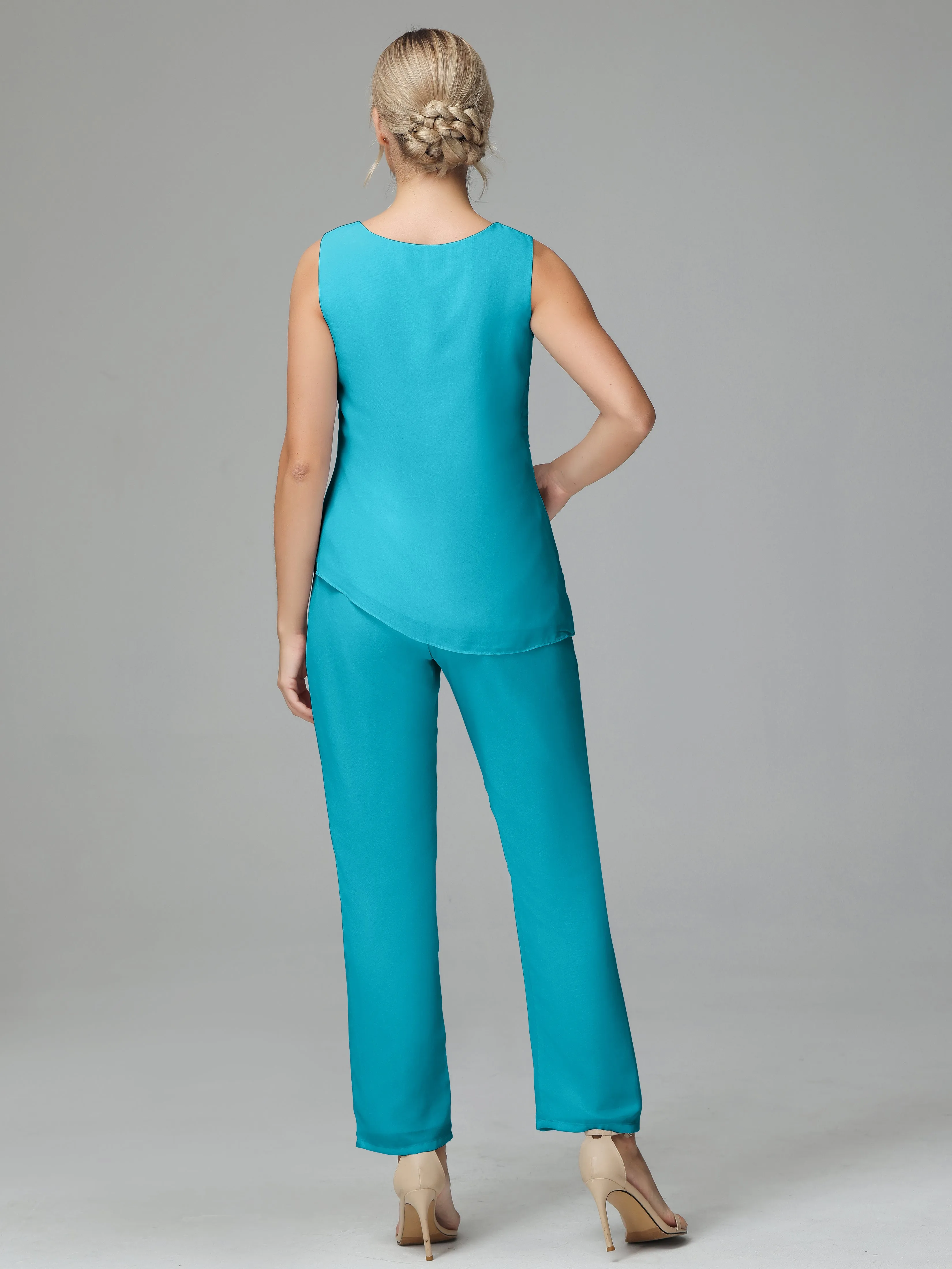 Long Sleeves 3 Pieces Chiffon Mother of Bride Dress Pant Suits
