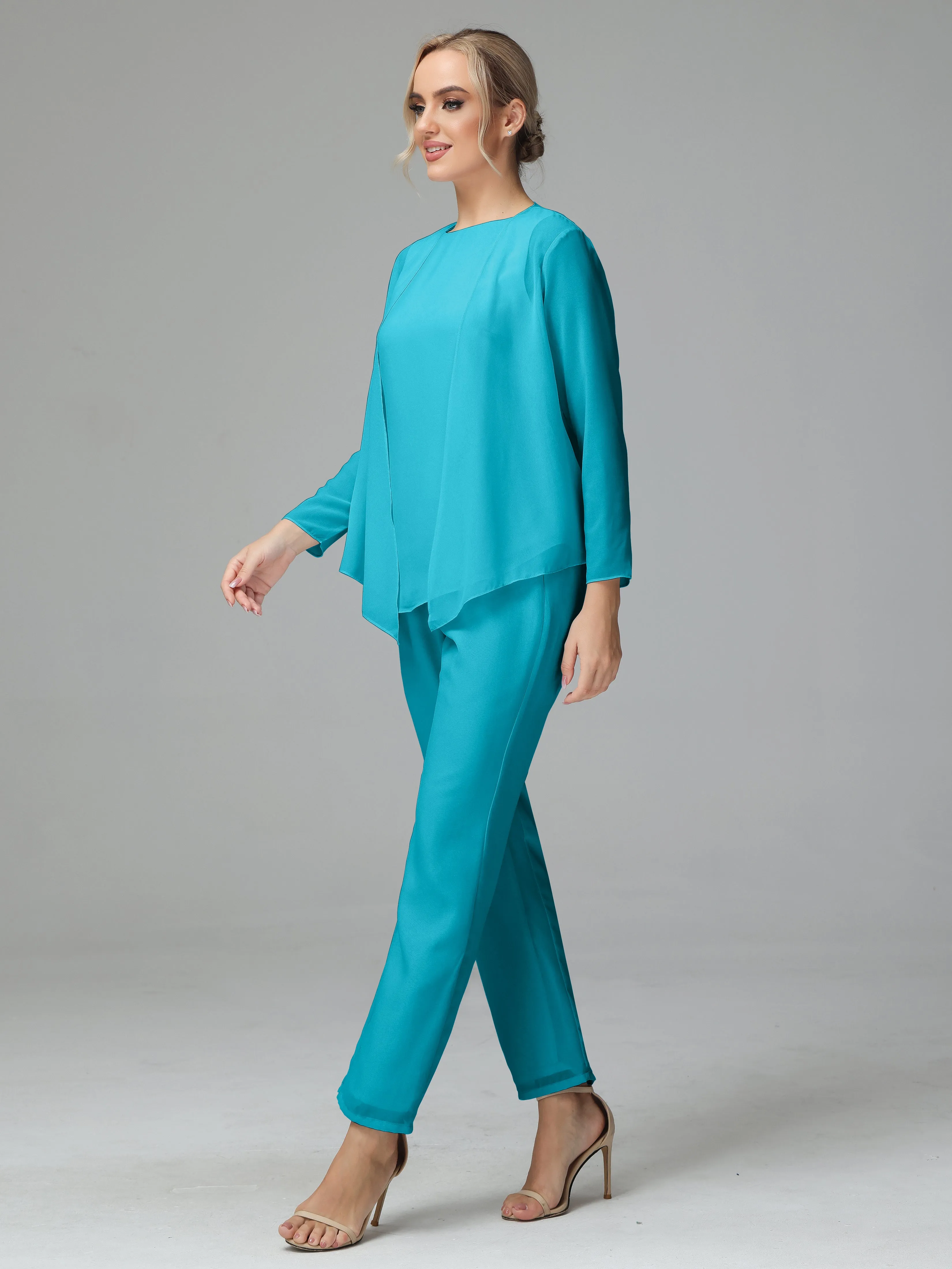 Long Sleeves 3 Pieces Chiffon Mother of Bride Dress Pant Suits