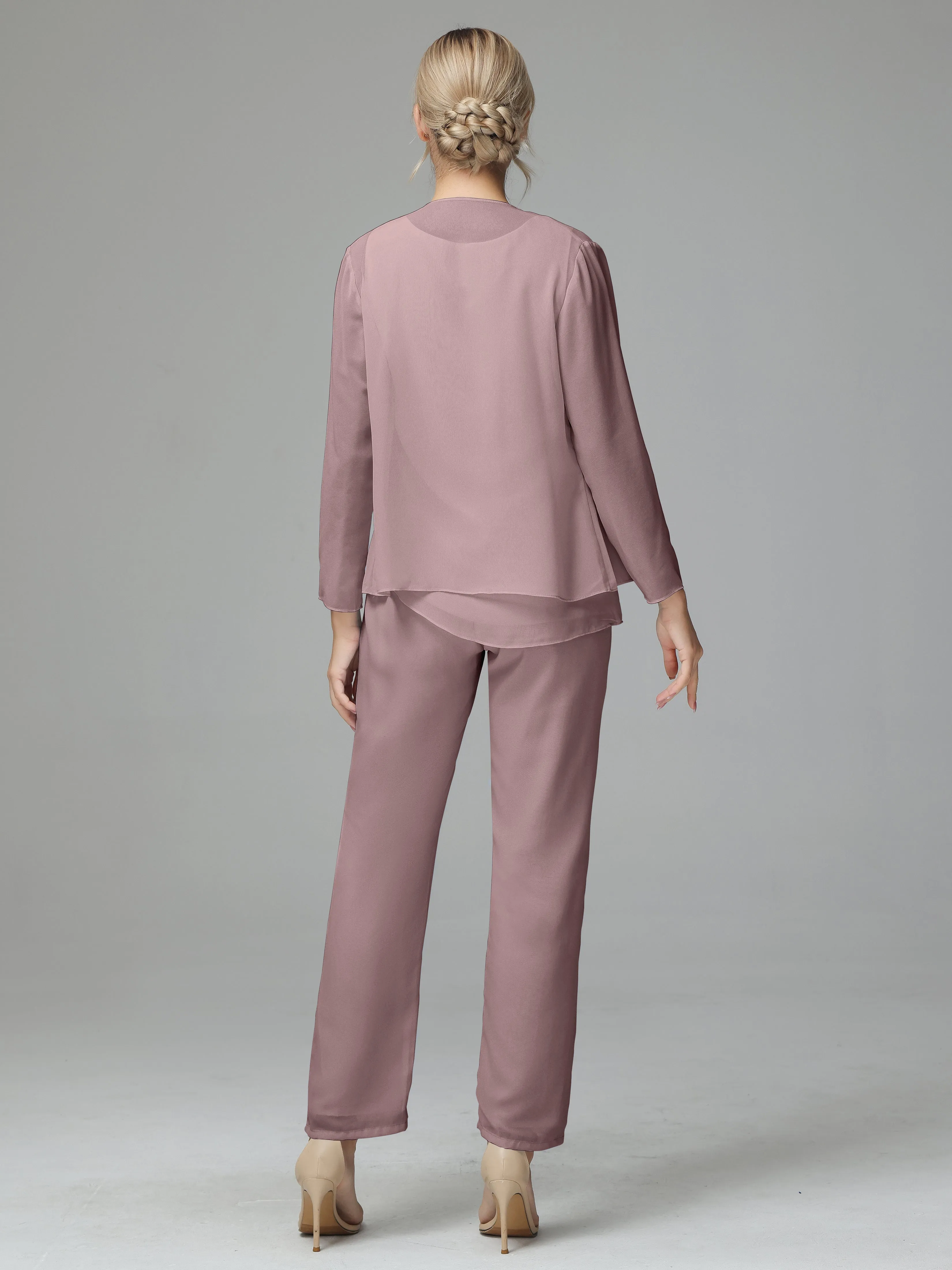 Long Sleeves 3 Pieces Chiffon Mother of Bride Dress Pant Suits