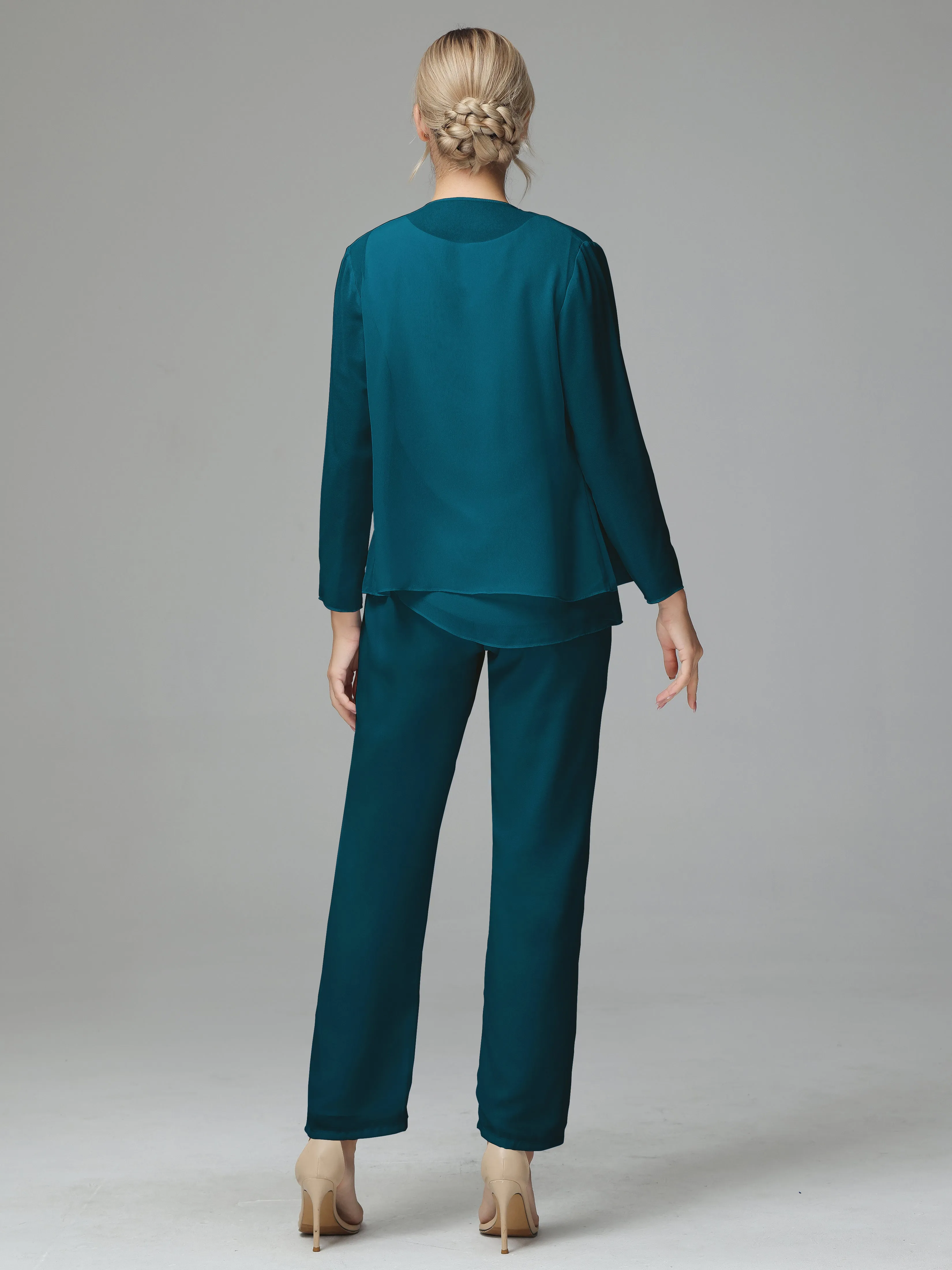 Long Sleeves 3 Pieces Chiffon Mother of Bride Dress Pant Suits