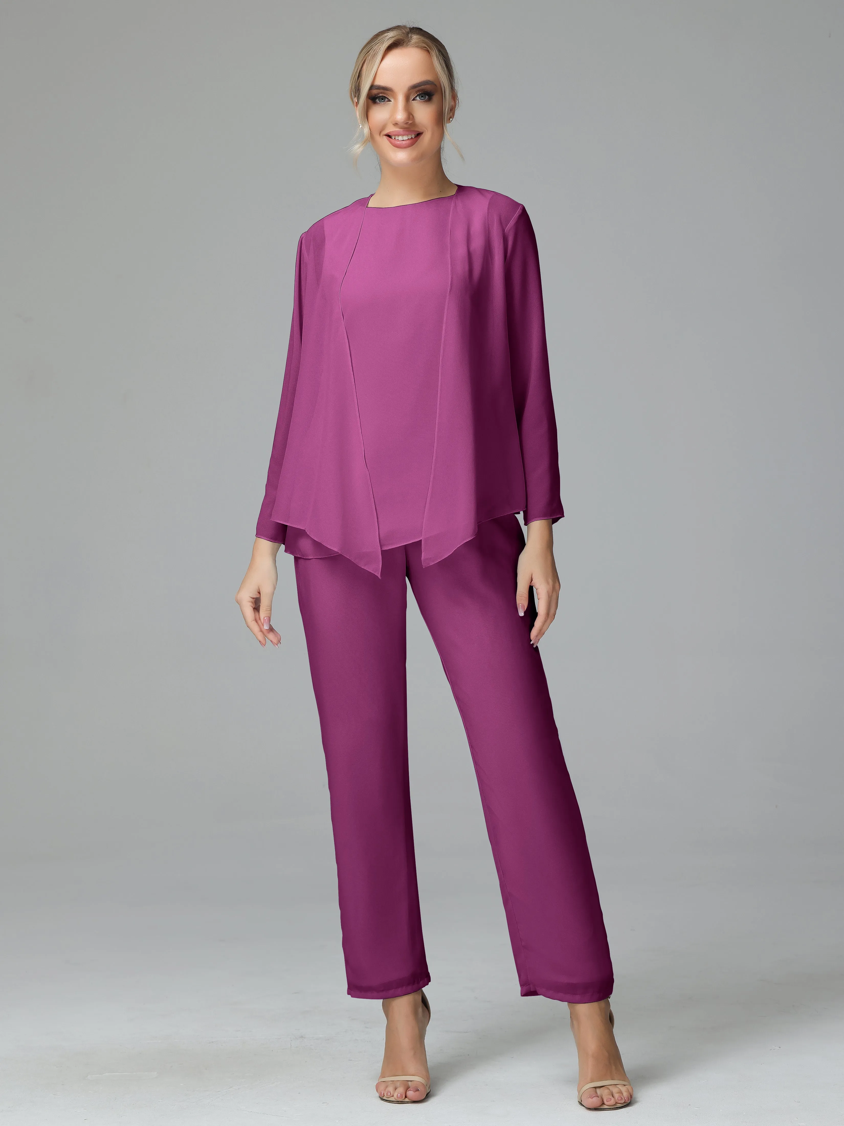 Long Sleeves 3 Pieces Chiffon Mother of Bride Dress Pant Suits