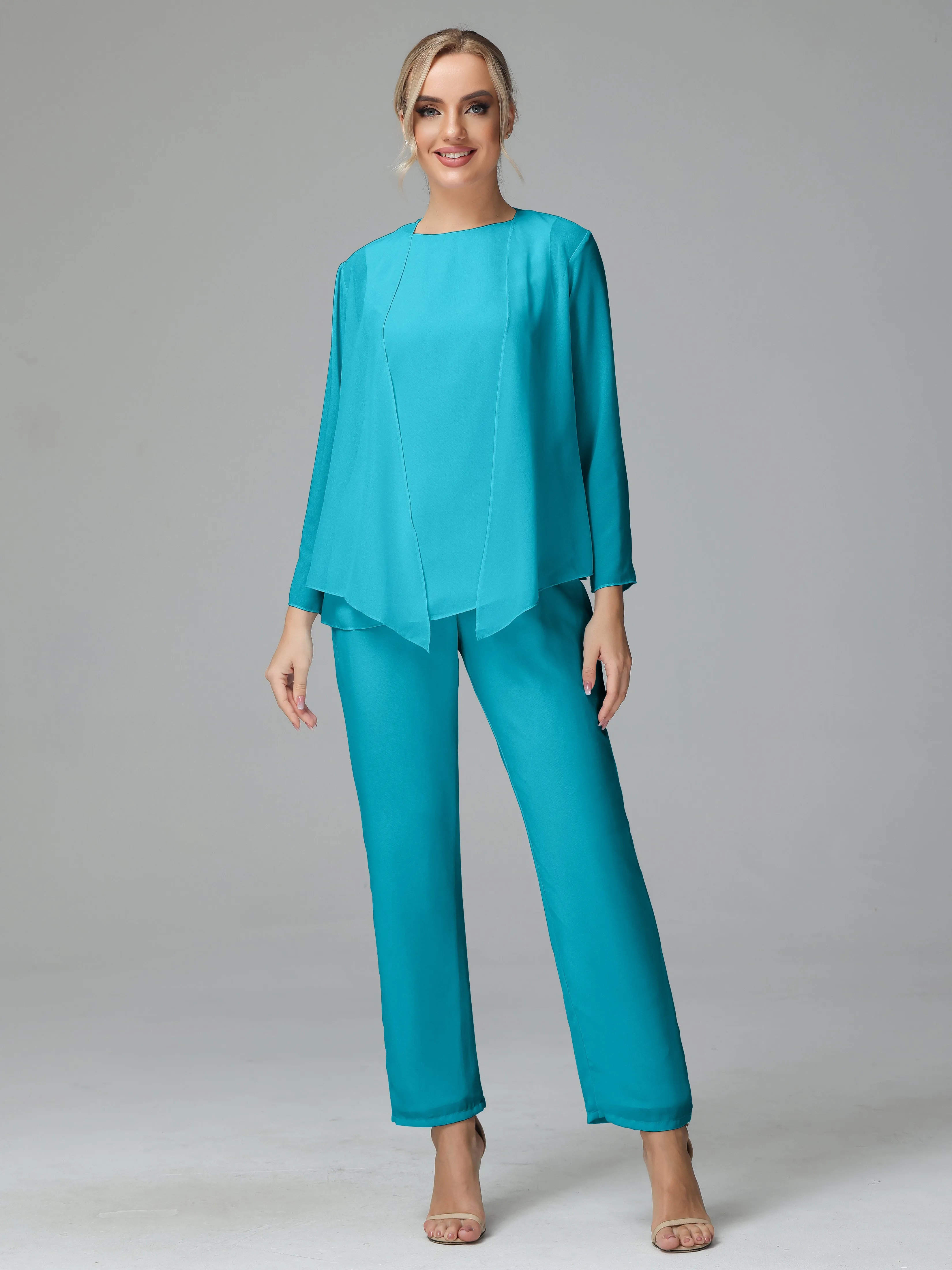 Long Sleeves 3 Pieces Chiffon Mother of Bride Dress Pant Suits