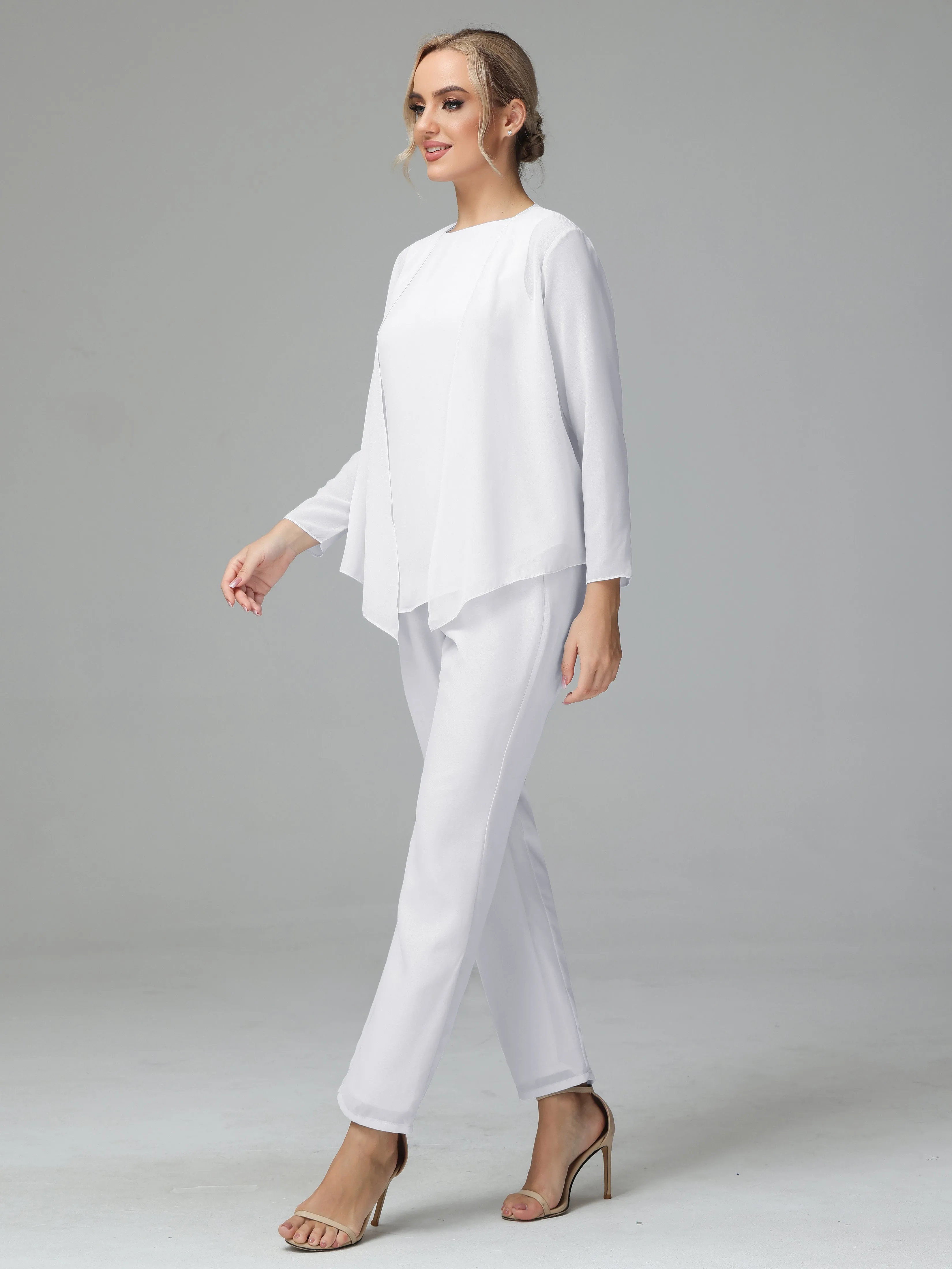 Long Sleeves 3 Pieces Chiffon Mother of Bride Dress Pant Suits