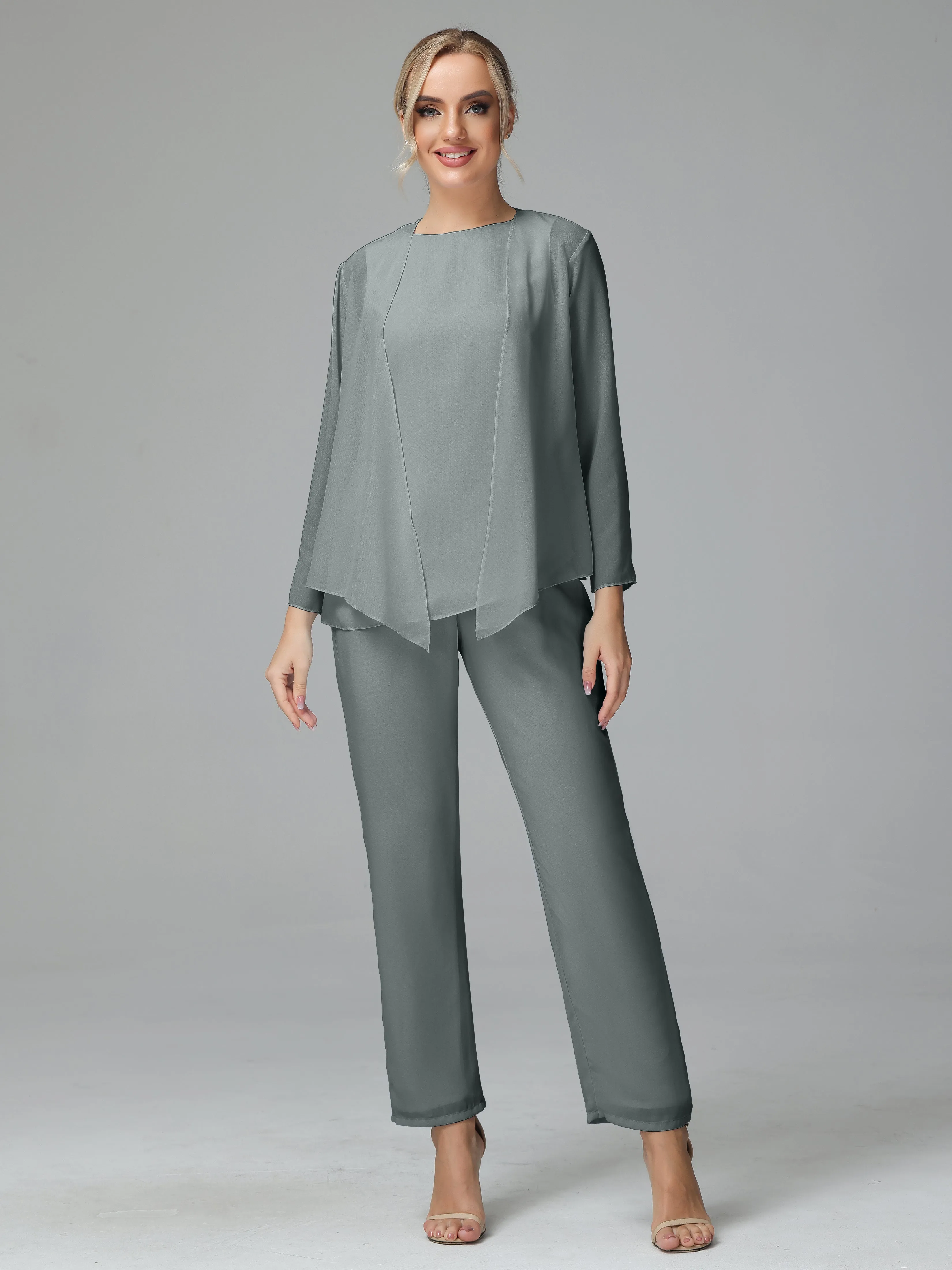 Long Sleeves 3 Pieces Chiffon Mother of Bride Dress Pant Suits