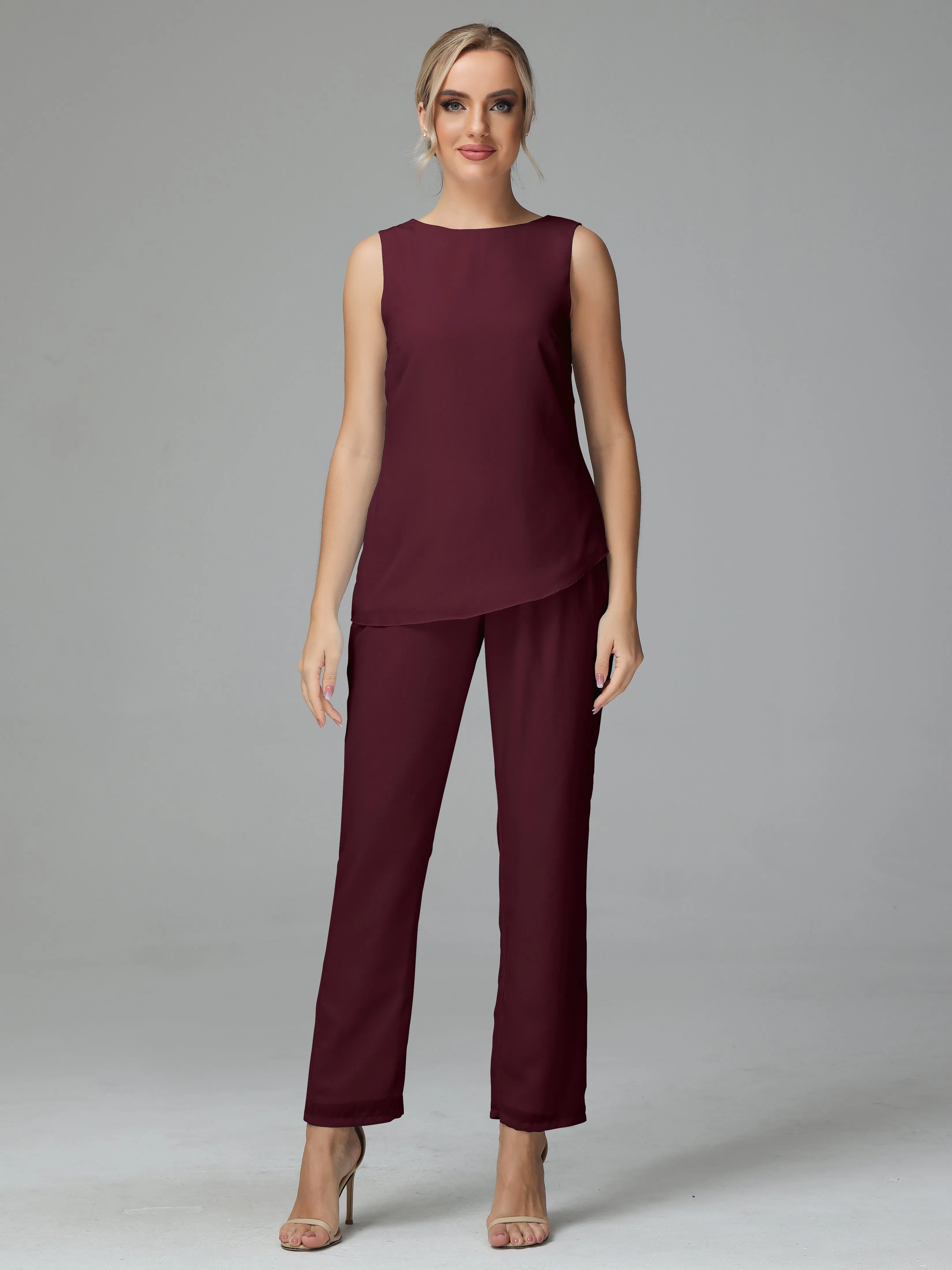 Long Sleeves 3 Pieces Chiffon Mother of Bride Dress Pant Suits
