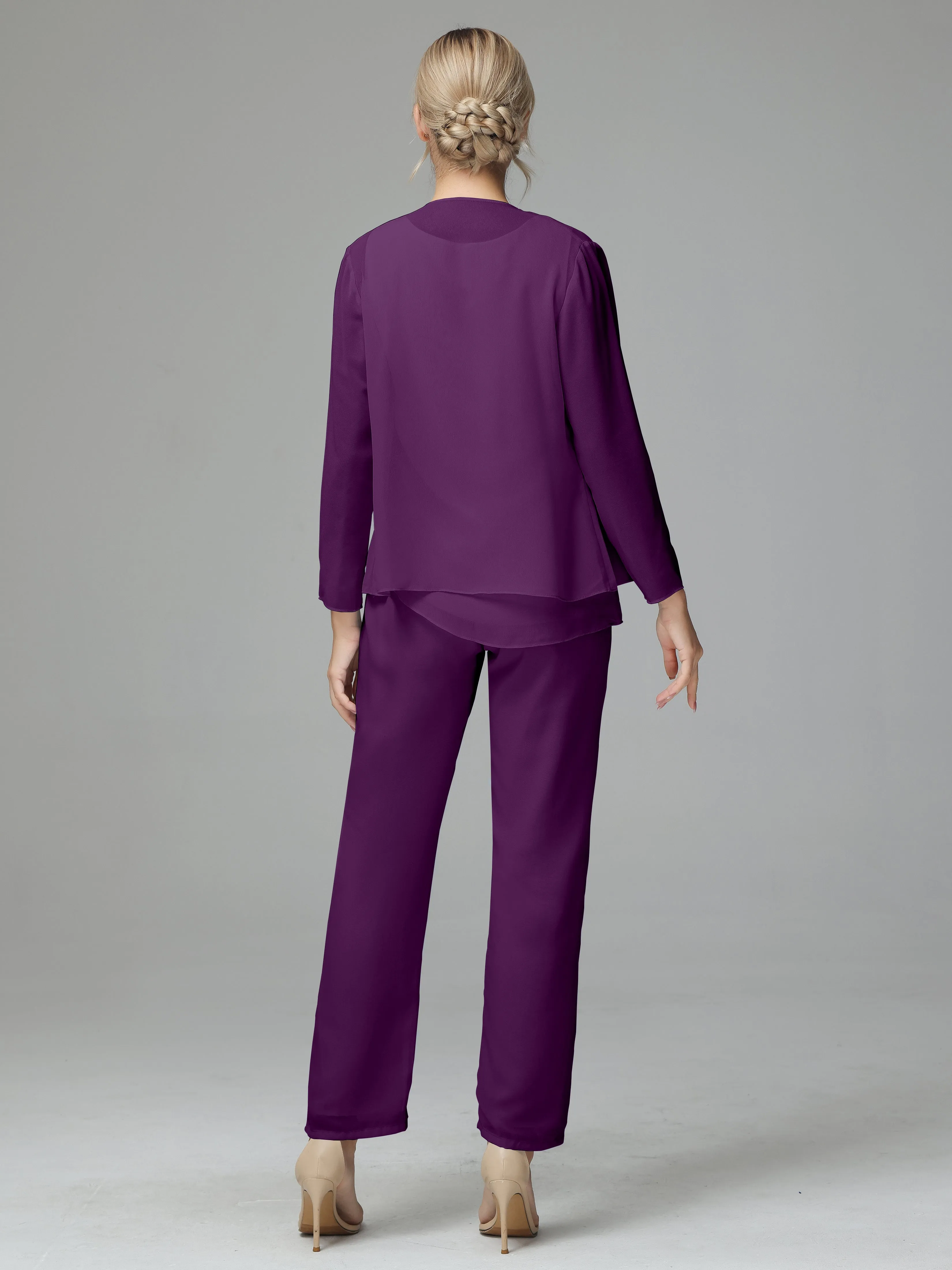 Long Sleeves 3 Pieces Chiffon Mother of Bride Dress Pant Suits