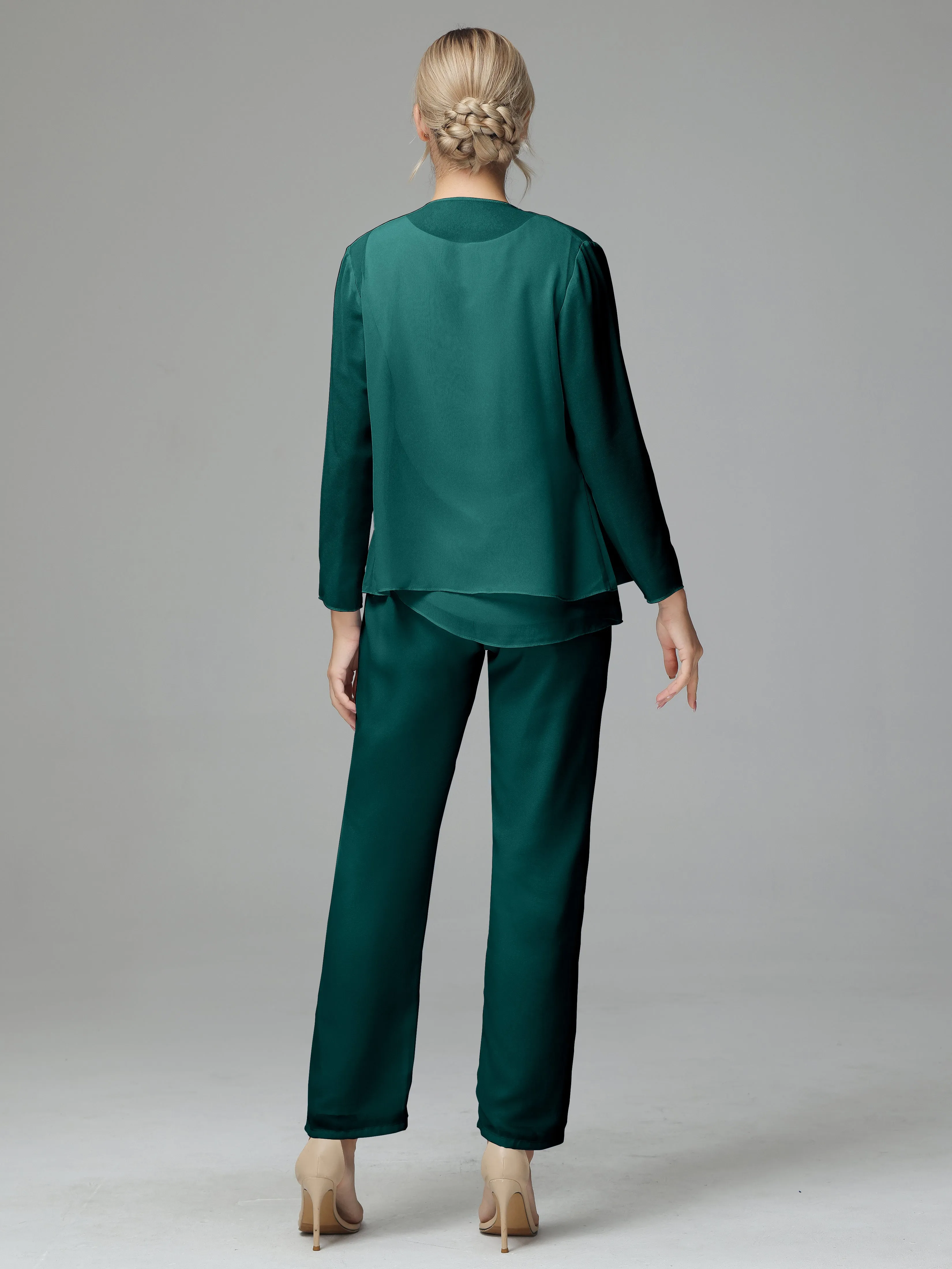 Long Sleeves 3 Pieces Chiffon Mother of Bride Dress Pant Suits