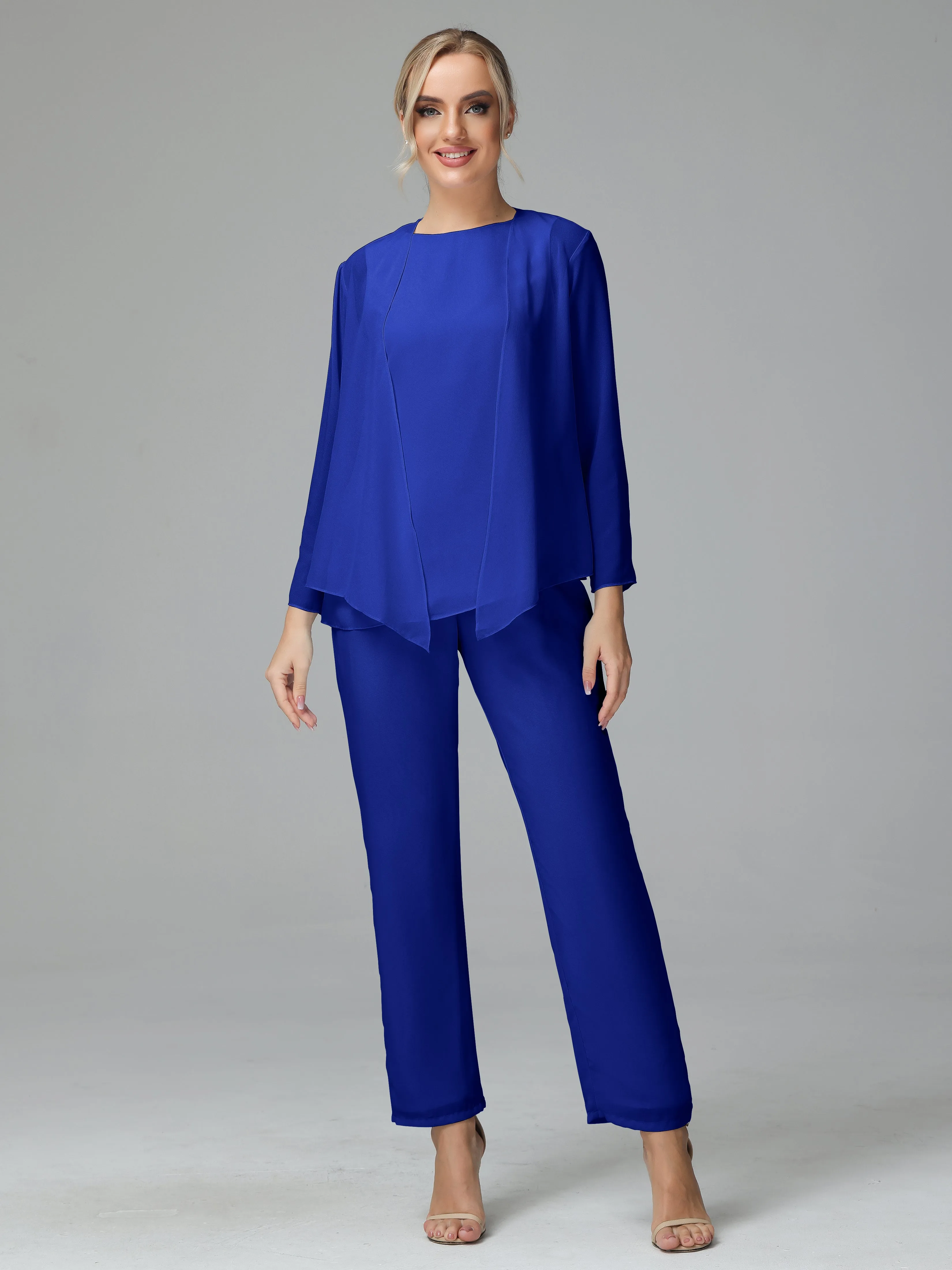 Long Sleeves 3 Pieces Chiffon Mother of Bride Dress Pant Suits