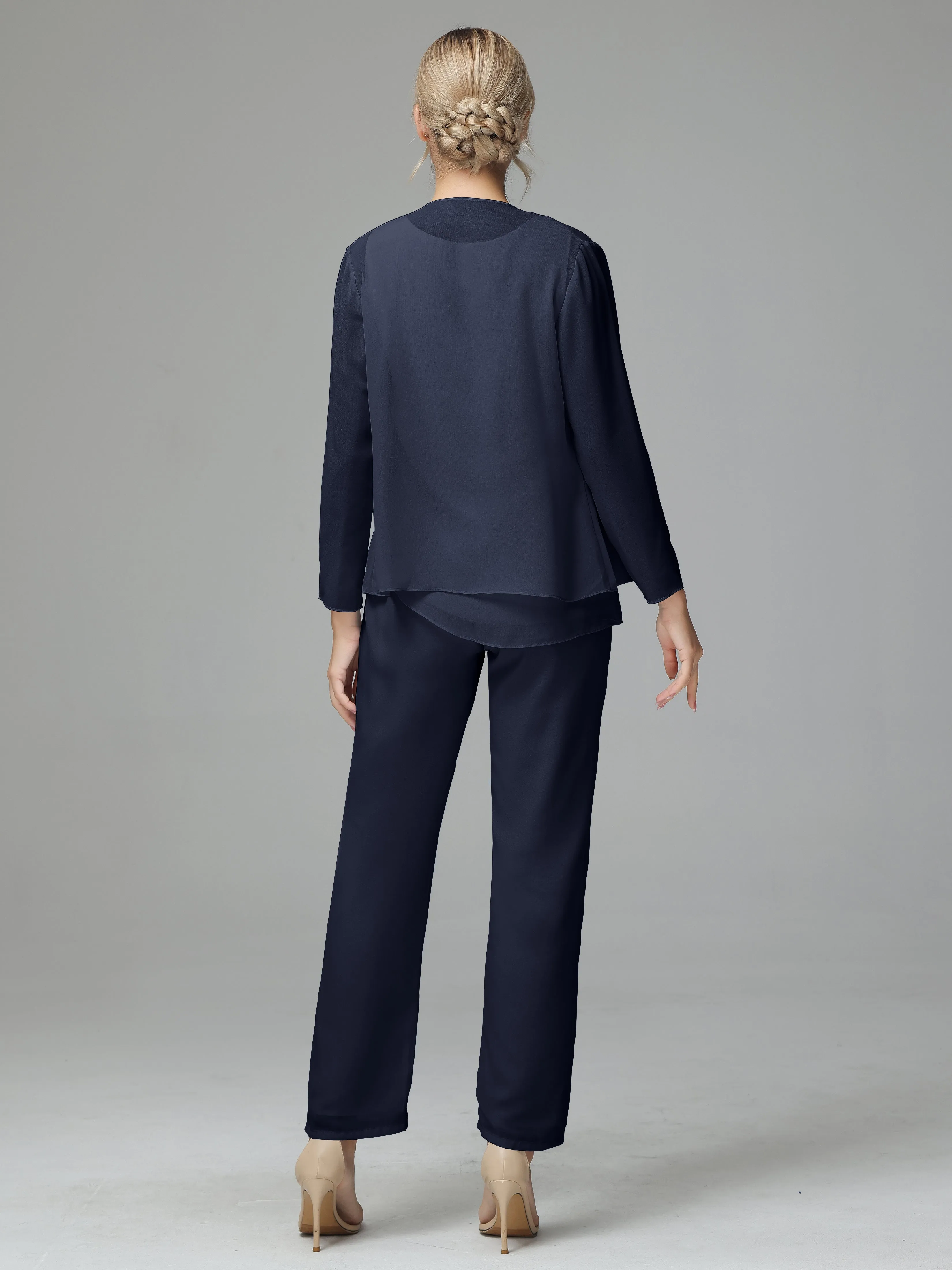Long Sleeves 3 Pieces Chiffon Mother of Bride Dress Pant Suits
