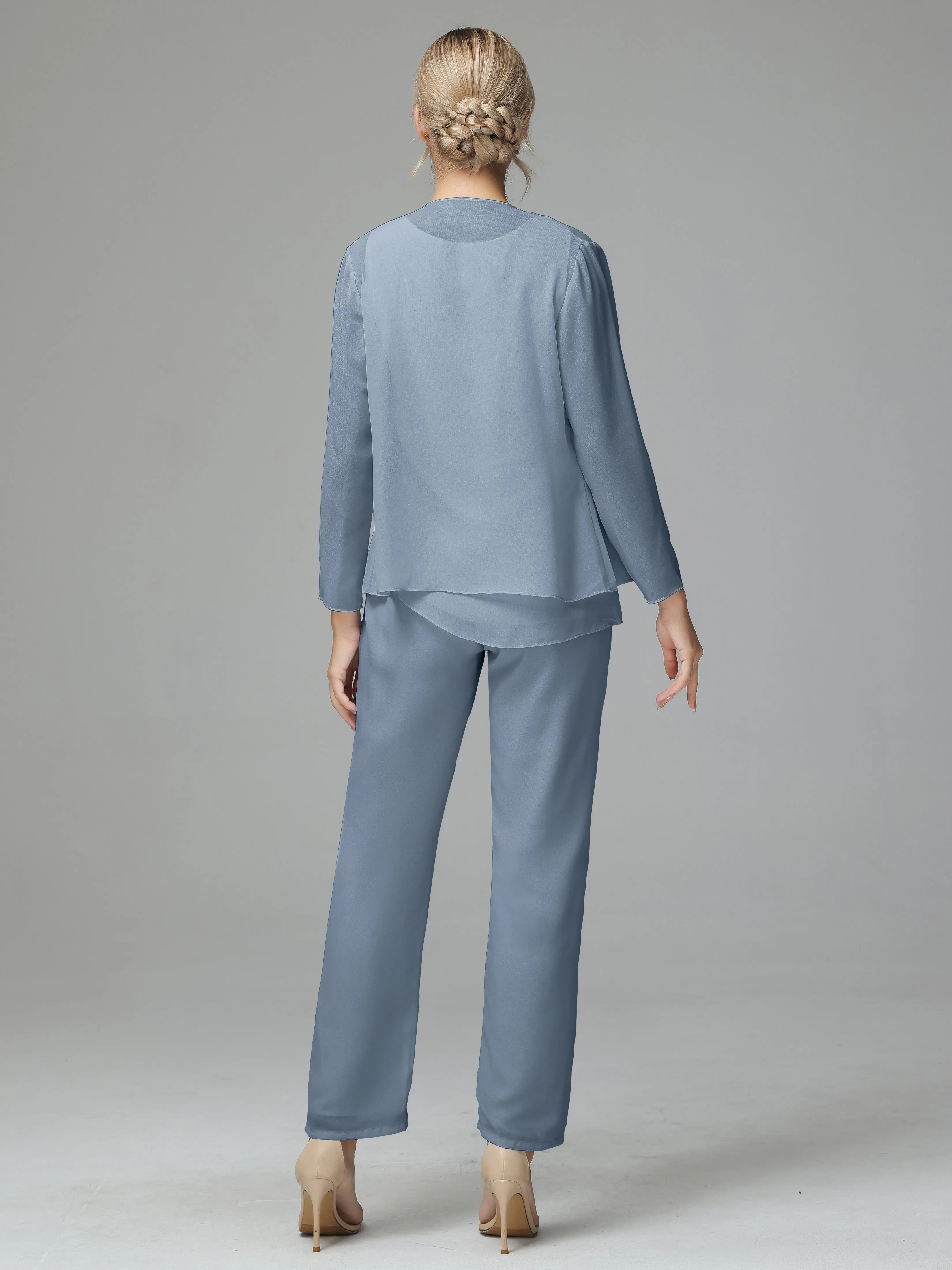 Long Sleeves 3 Pieces Chiffon Mother of Bride Dress Pant Suits