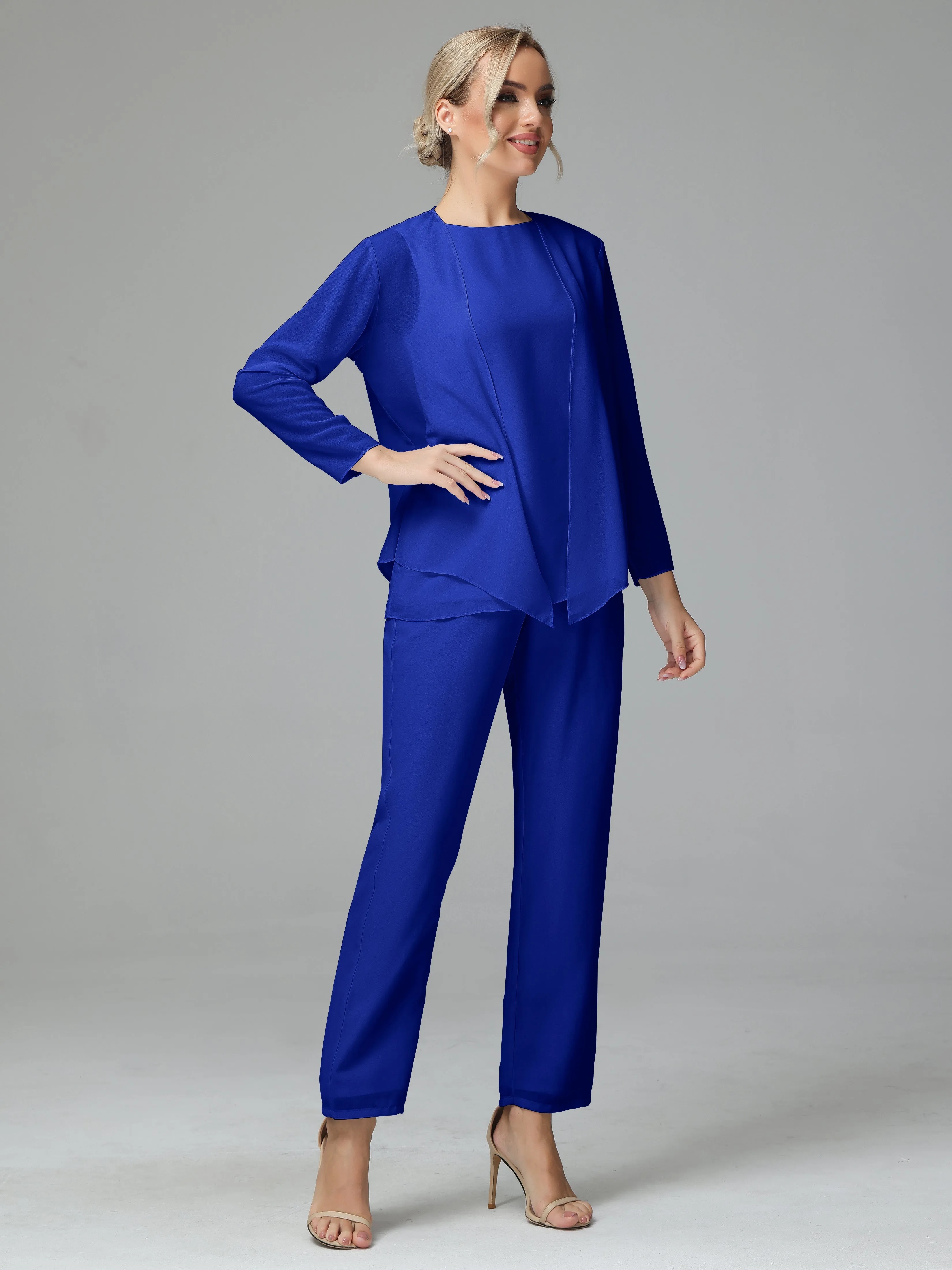 Long Sleeves 3 Pieces Chiffon Mother of Bride Dress Pant Suits