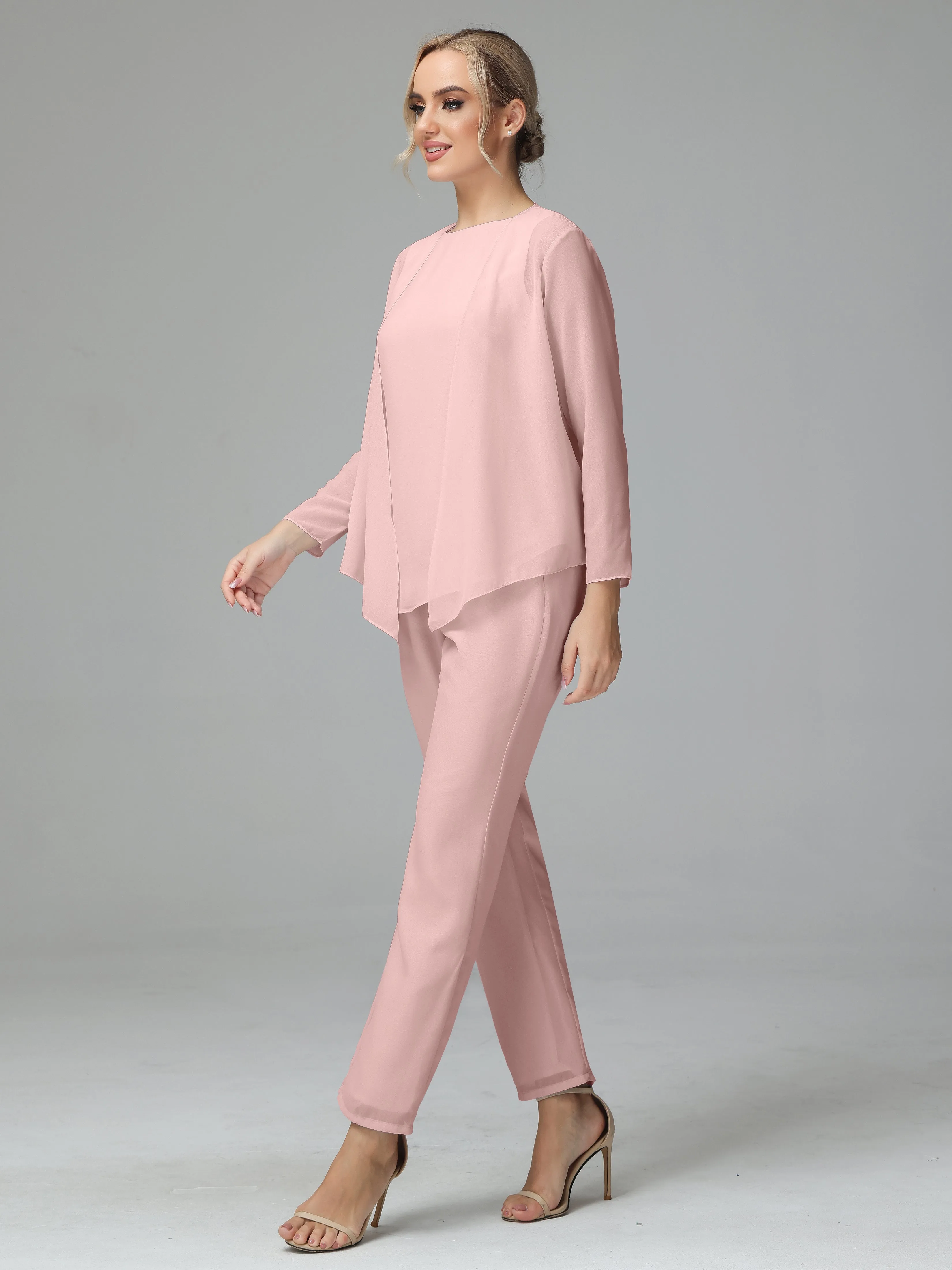Long Sleeves 3 Pieces Chiffon Mother of Bride Dress Pant Suits