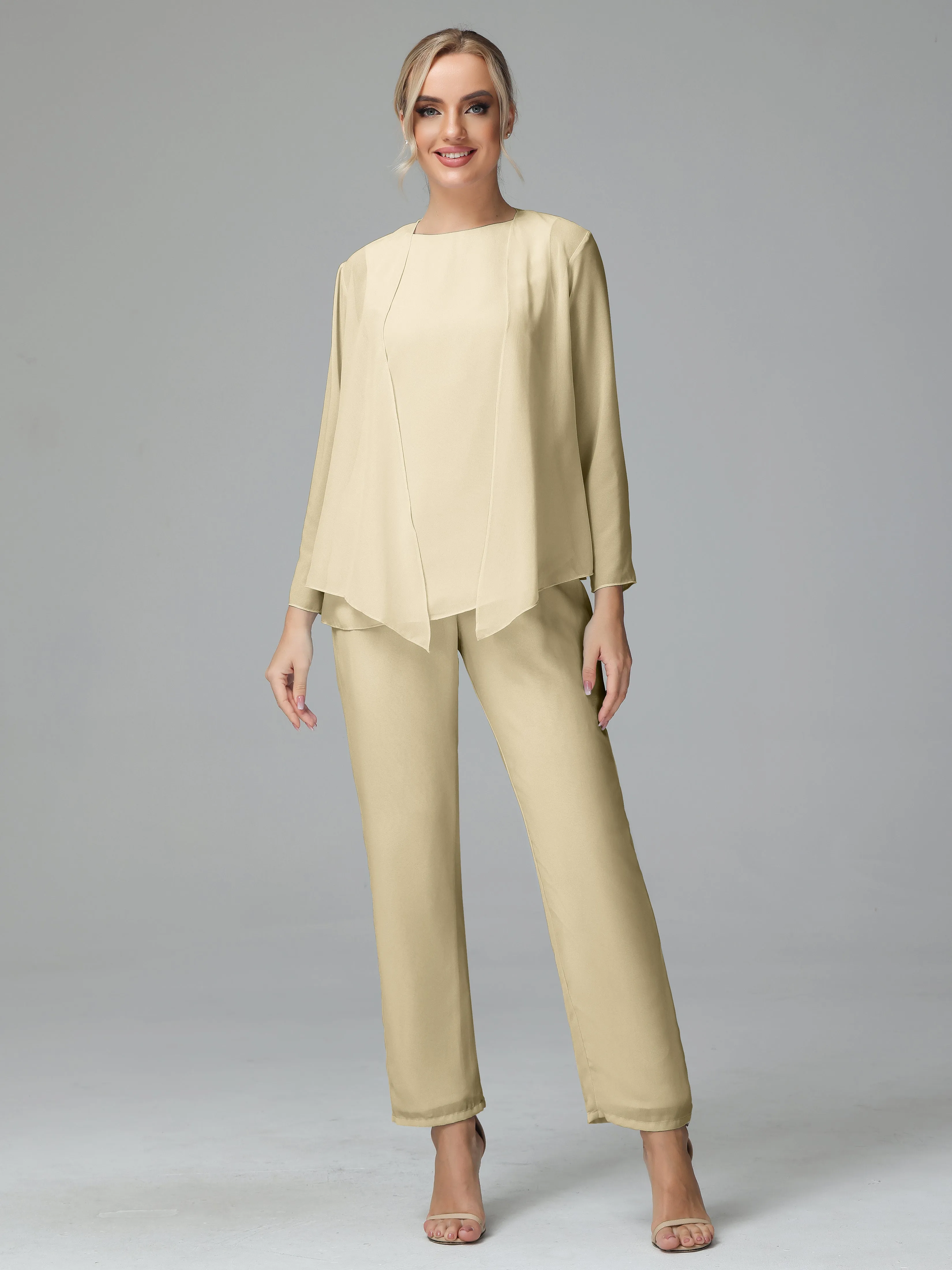 Long Sleeves 3 Pieces Chiffon Mother of Bride Dress Pant Suits