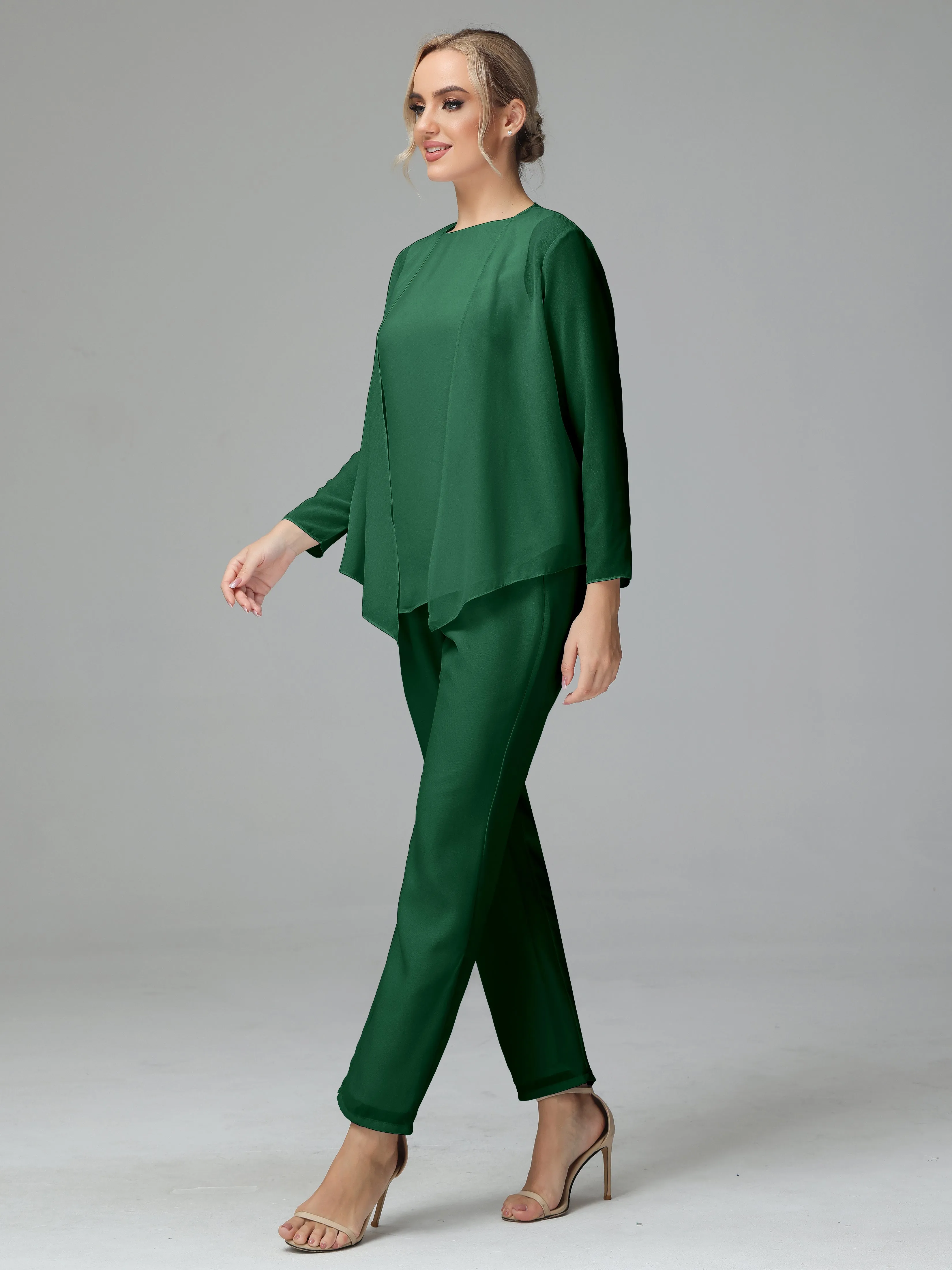 Long Sleeves 3 Pieces Chiffon Mother of Bride Dress Pant Suits