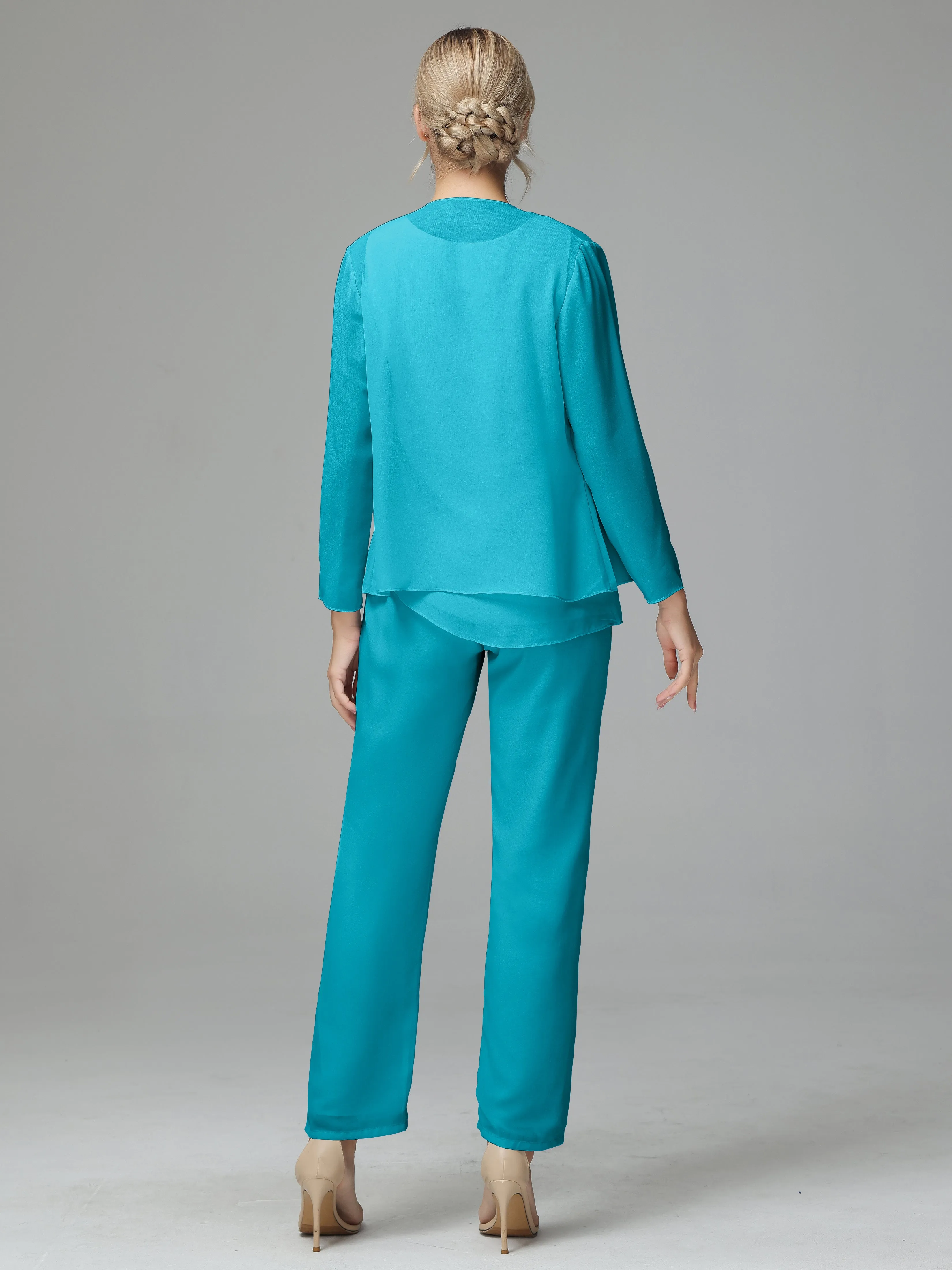 Long Sleeves 3 Pieces Chiffon Mother of Bride Dress Pant Suits