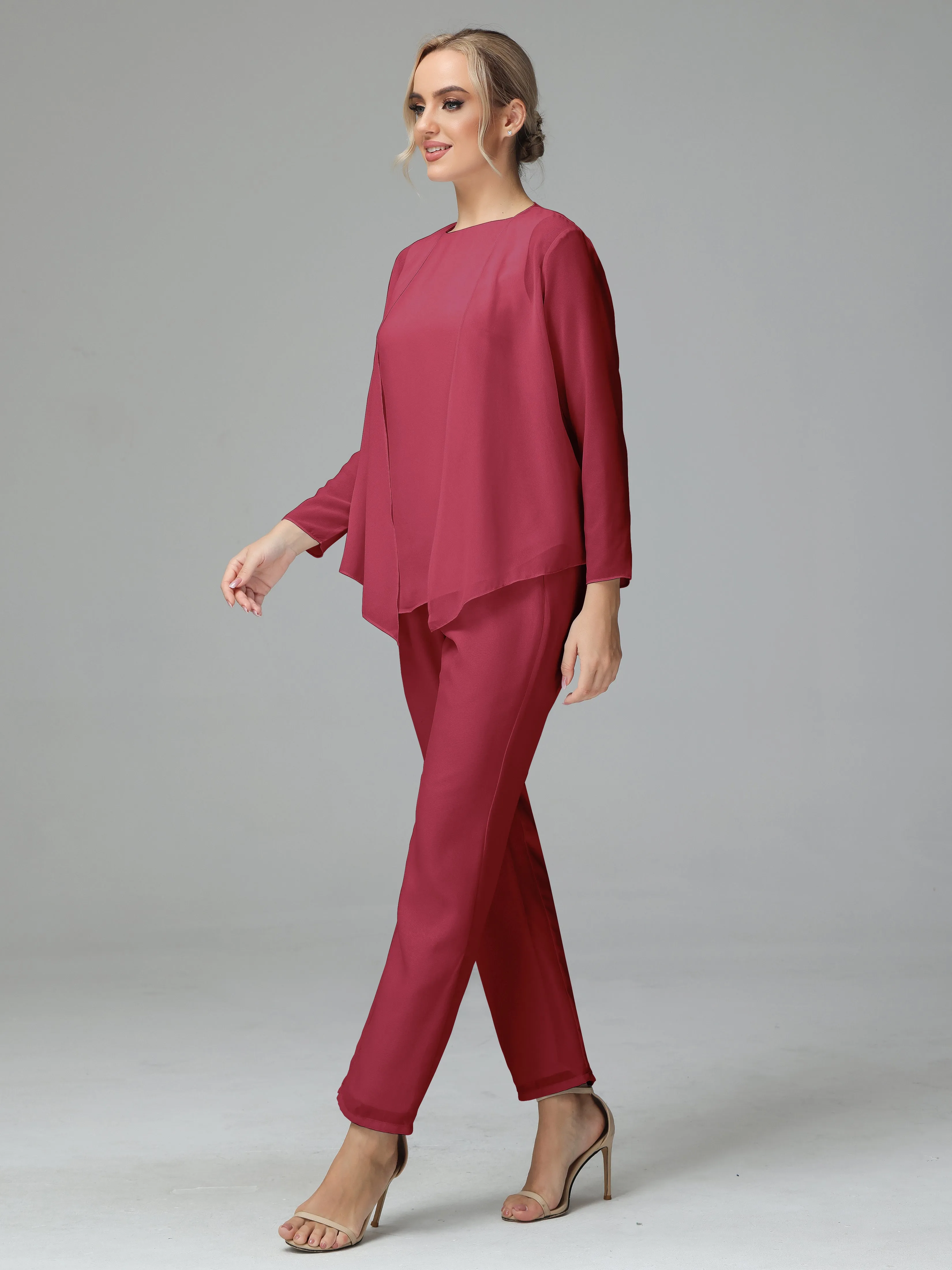 Long Sleeves 3 Pieces Chiffon Mother of Bride Dress Pant Suits