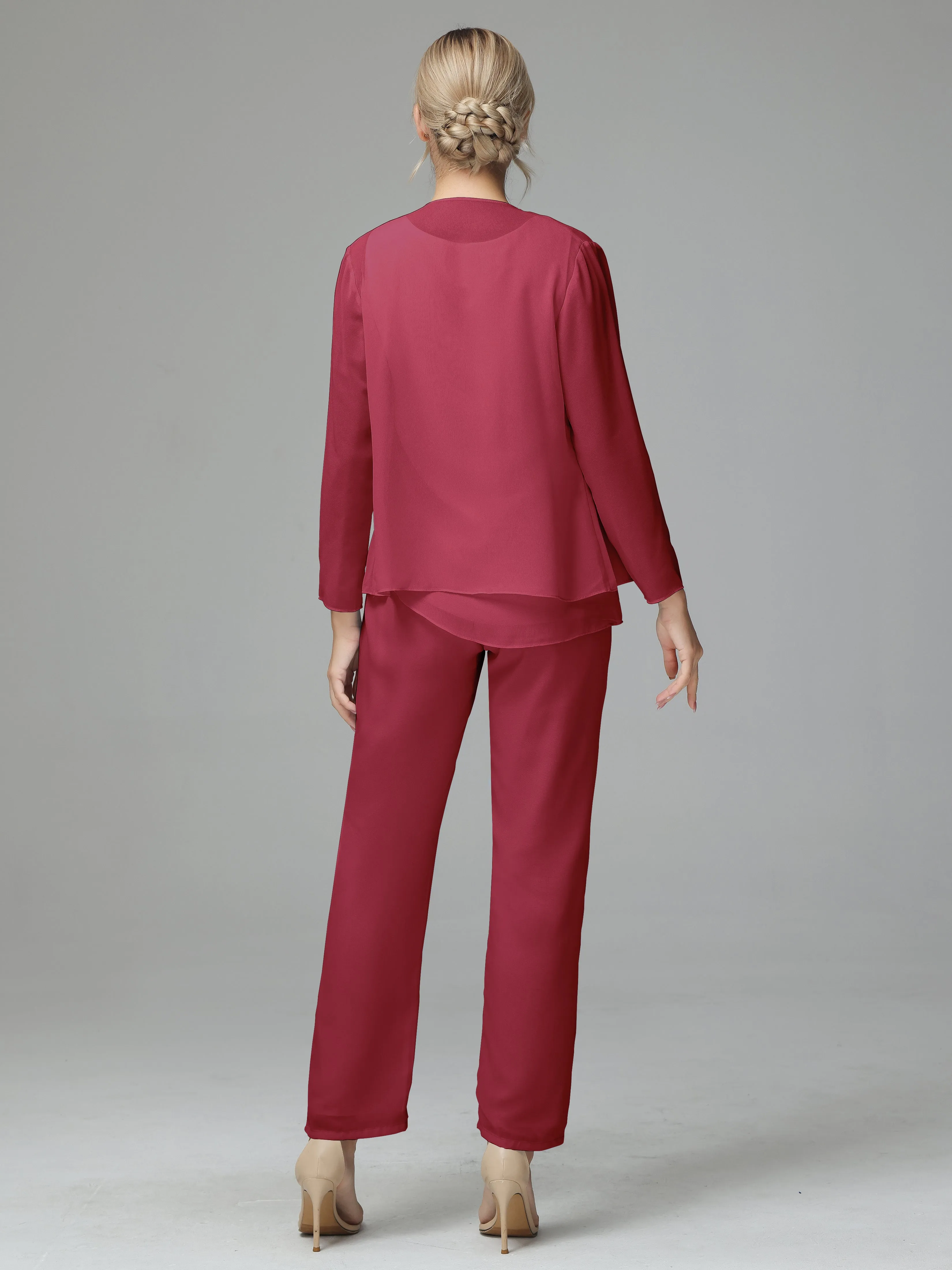 Long Sleeves 3 Pieces Chiffon Mother of Bride Dress Pant Suits