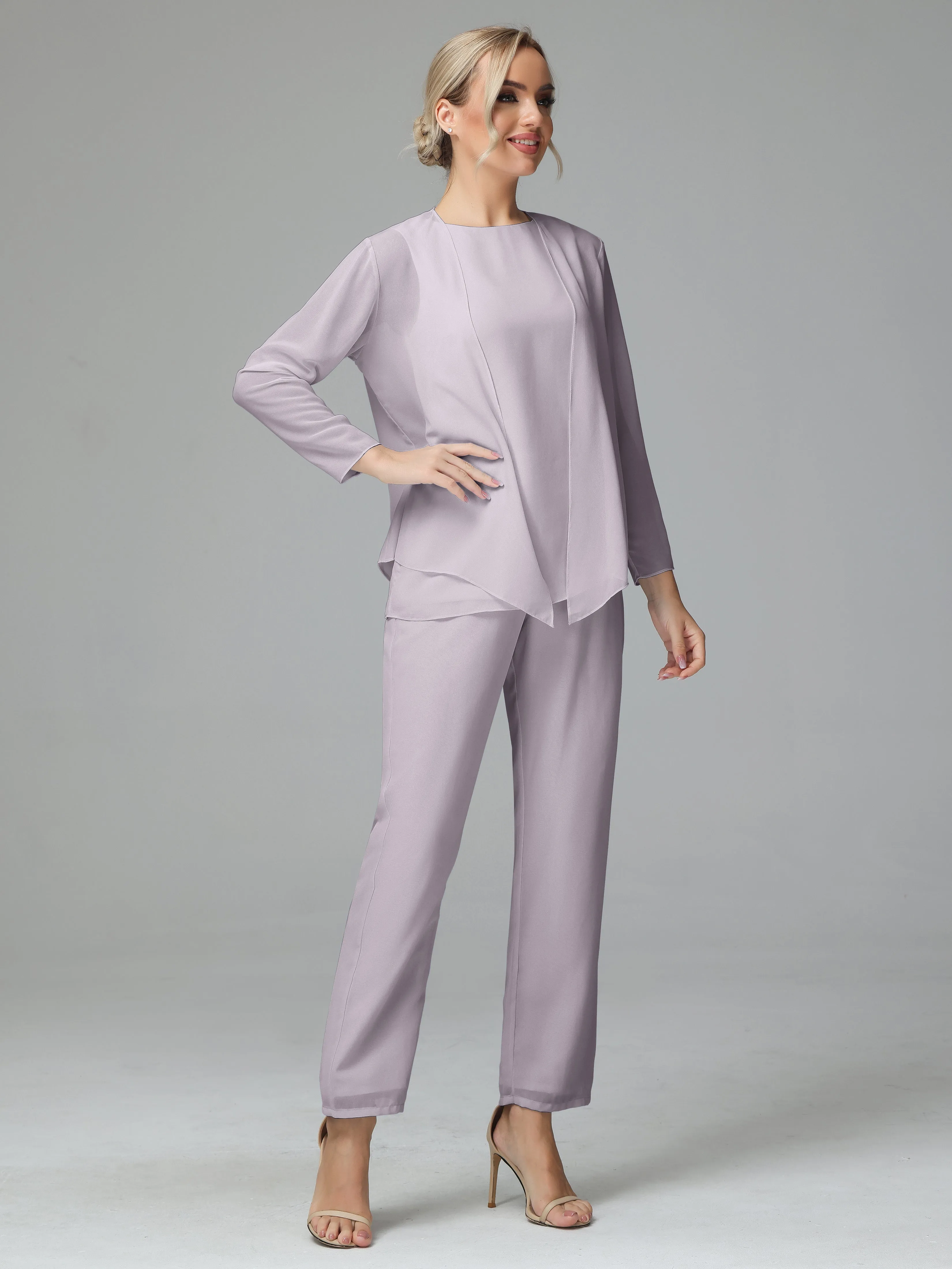 Long Sleeves 3 Pieces Chiffon Mother of Bride Dress Pant Suits