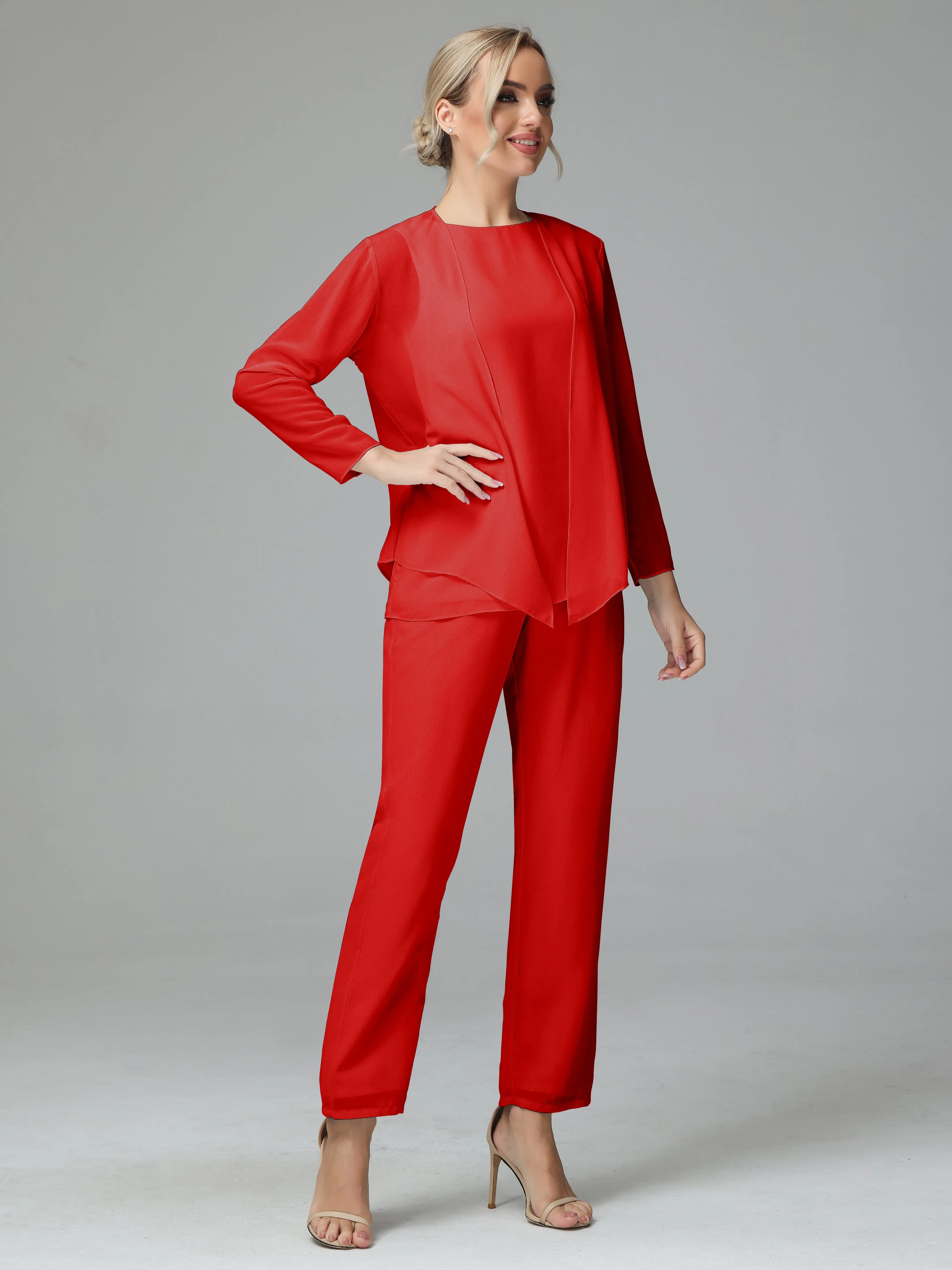 Long Sleeves 3 Pieces Chiffon Mother of Bride Dress Pant Suits