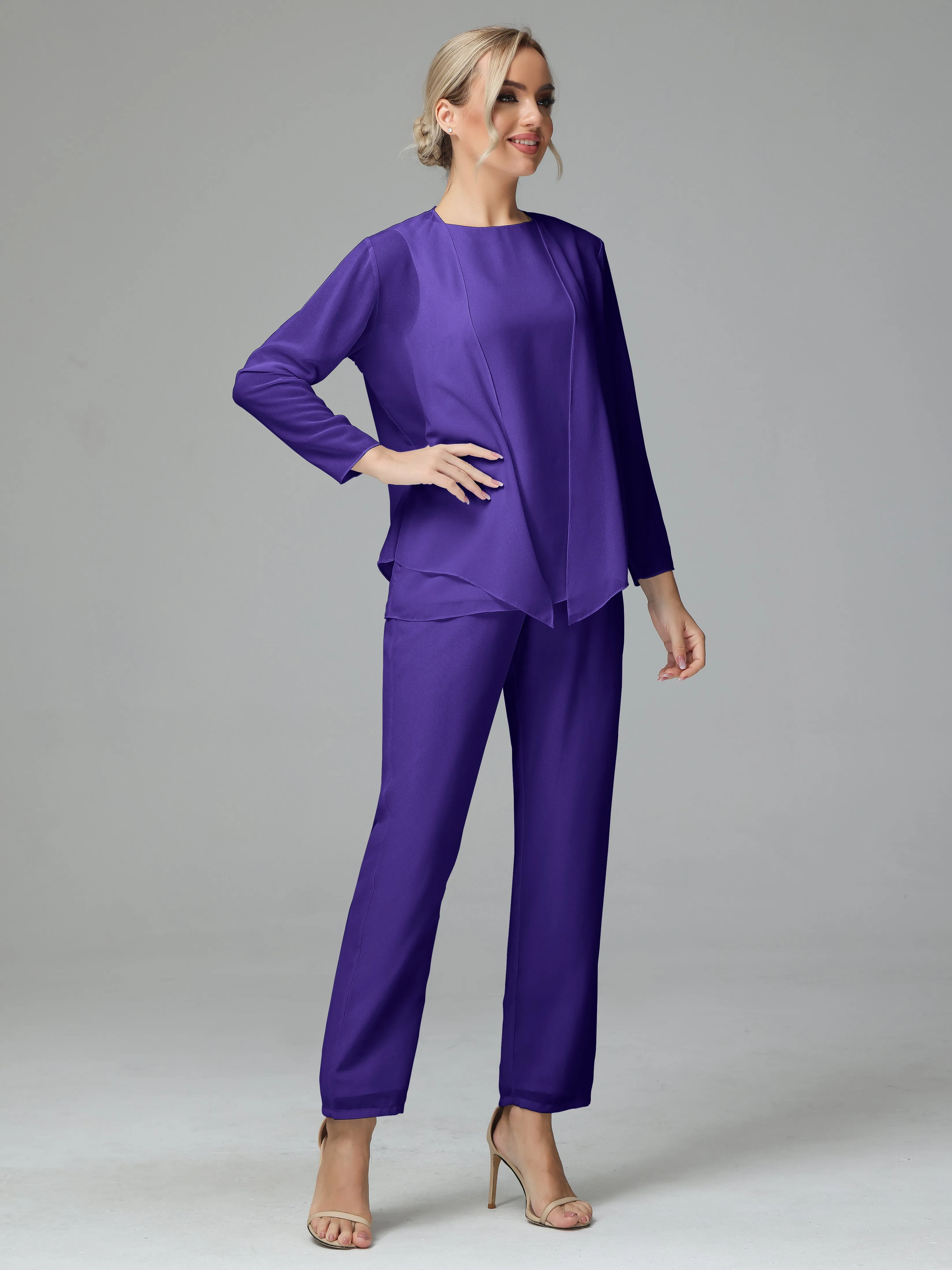 Long Sleeves 3 Pieces Chiffon Mother of Bride Dress Pant Suits
