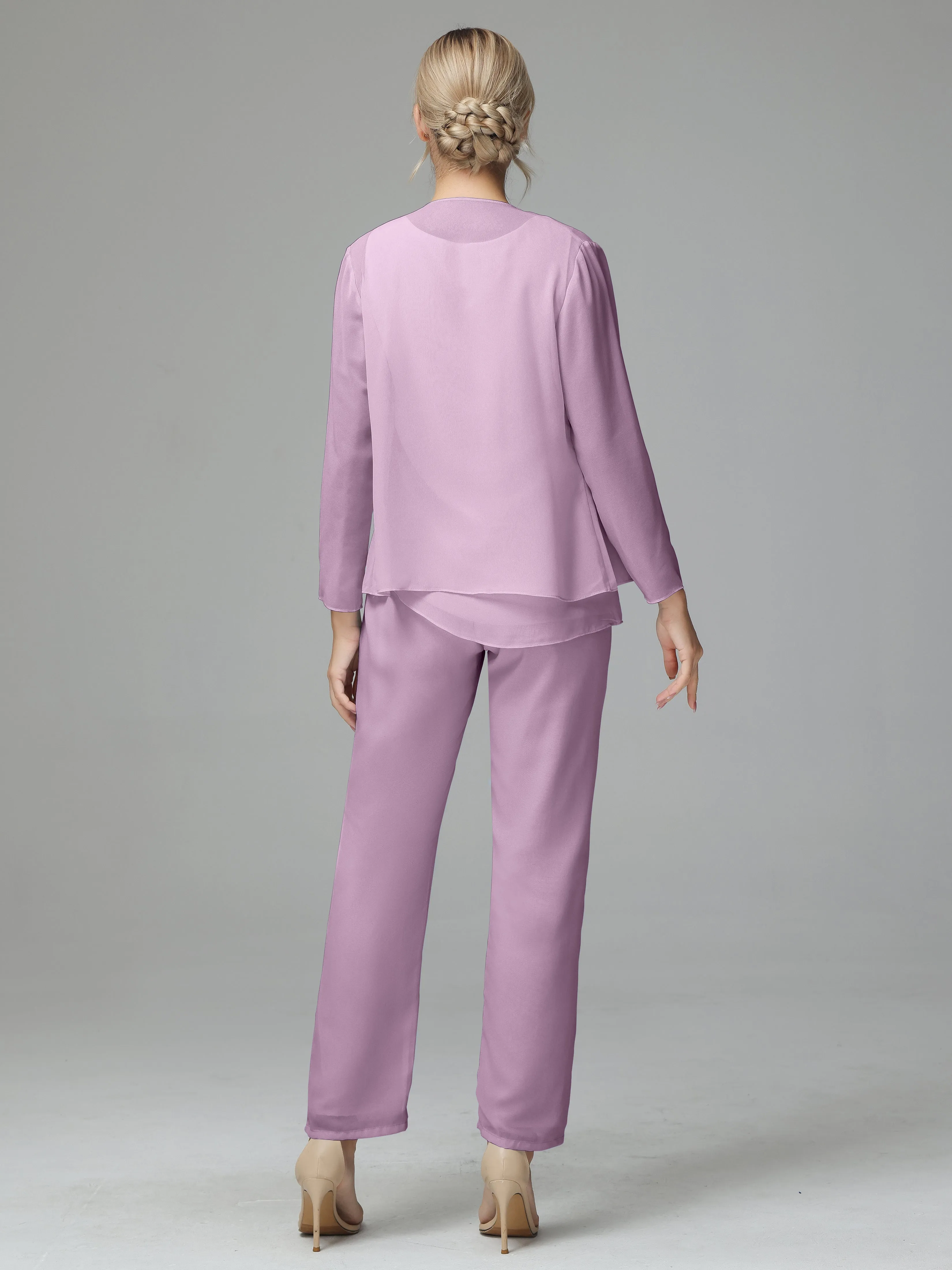 Long Sleeves 3 Pieces Chiffon Mother of Bride Dress Pant Suits