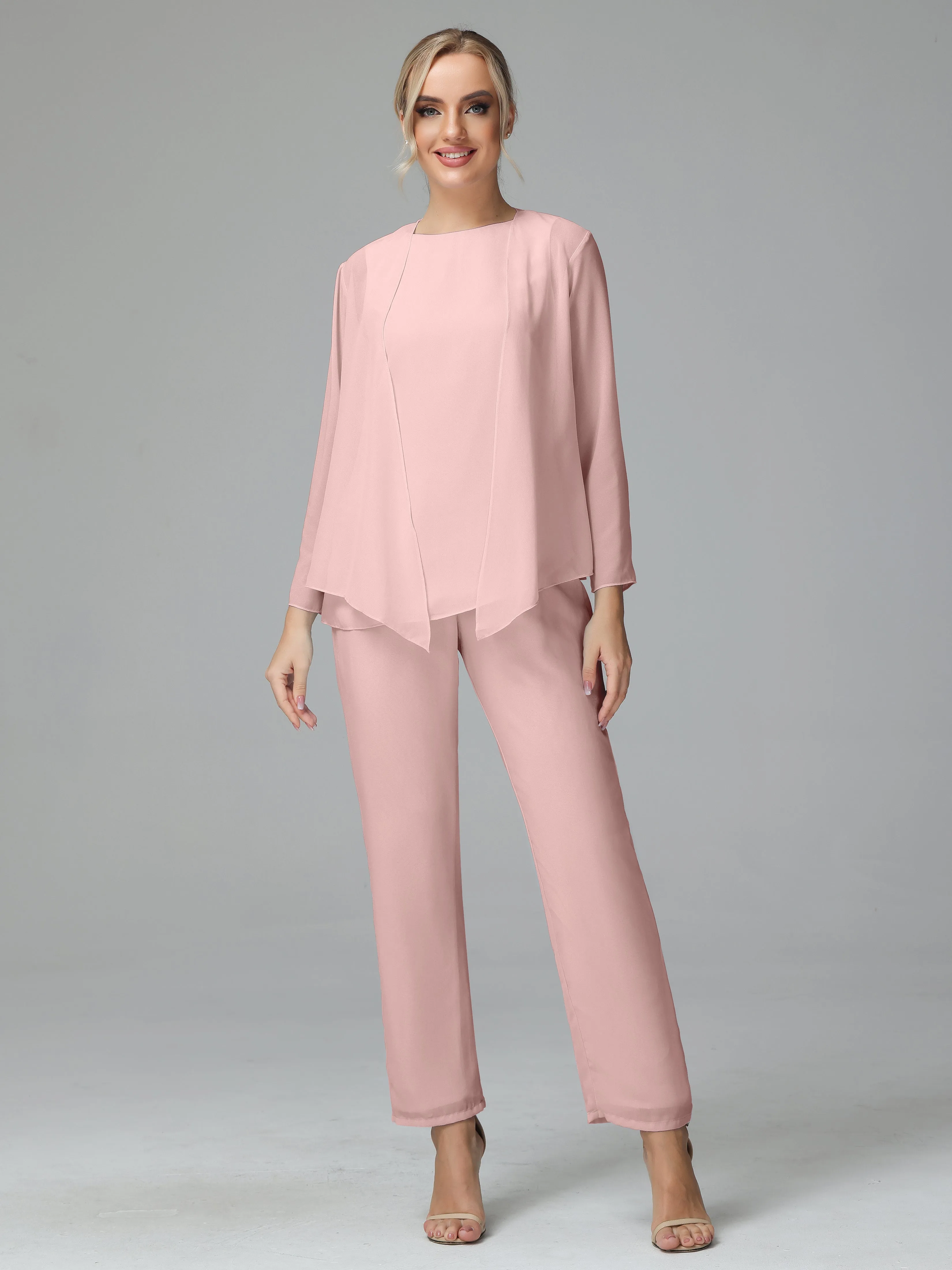 Long Sleeves 3 Pieces Chiffon Mother of Bride Dress Pant Suits