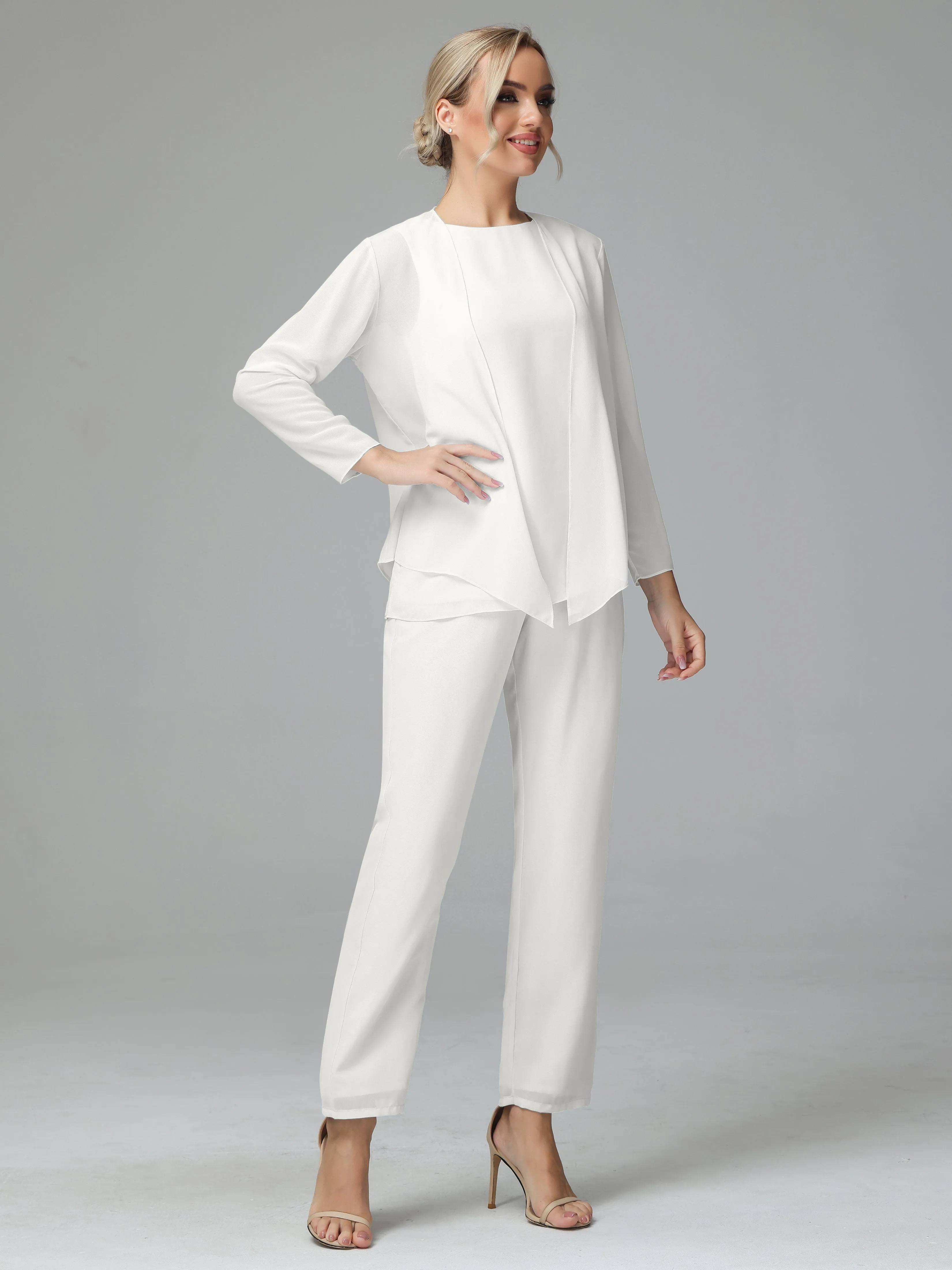 Long Sleeves 3 Pieces Chiffon Mother of Bride Dress Pant Suits