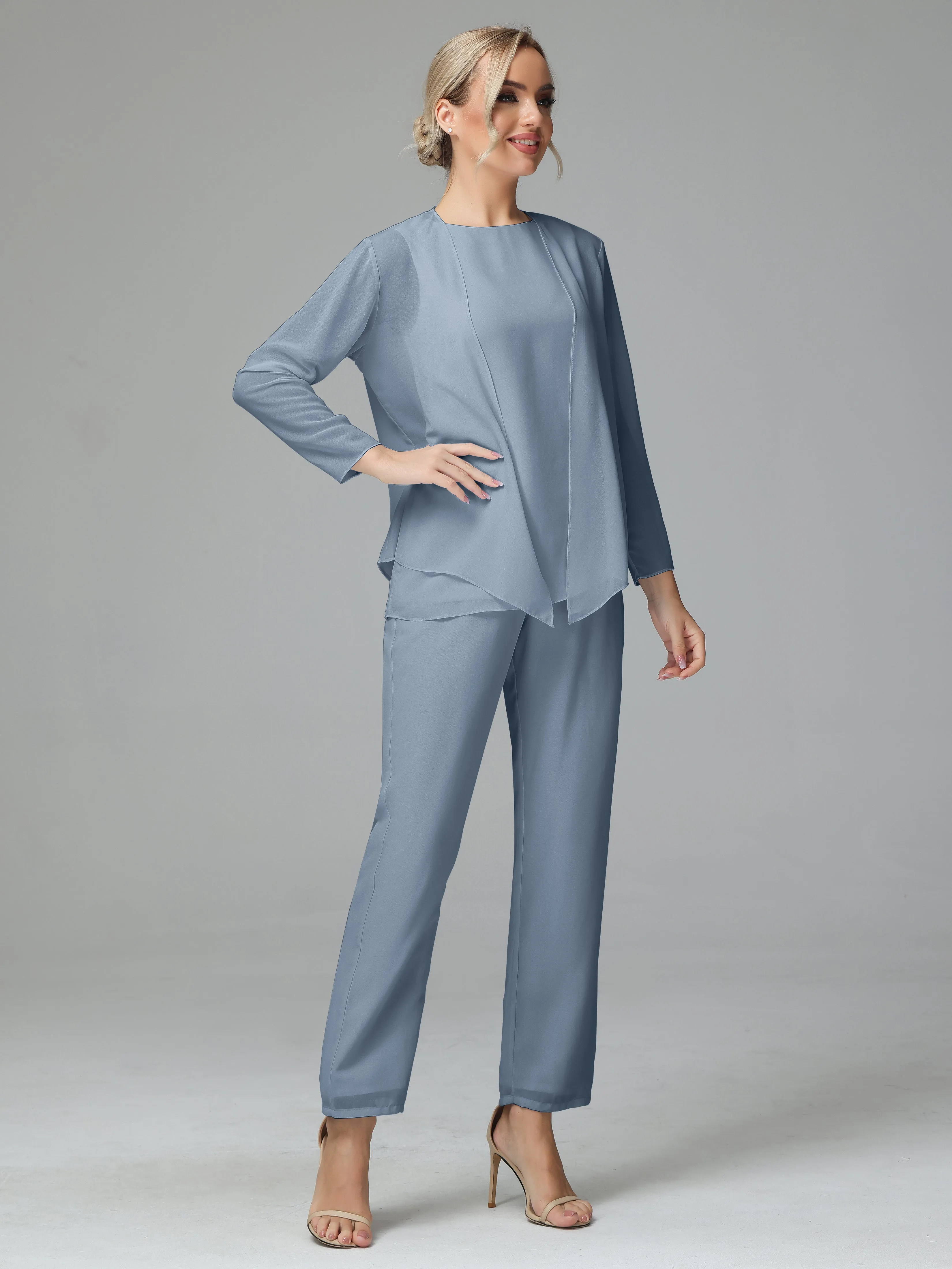 Long Sleeves 3 Pieces Chiffon Mother of Bride Dress Pant Suits