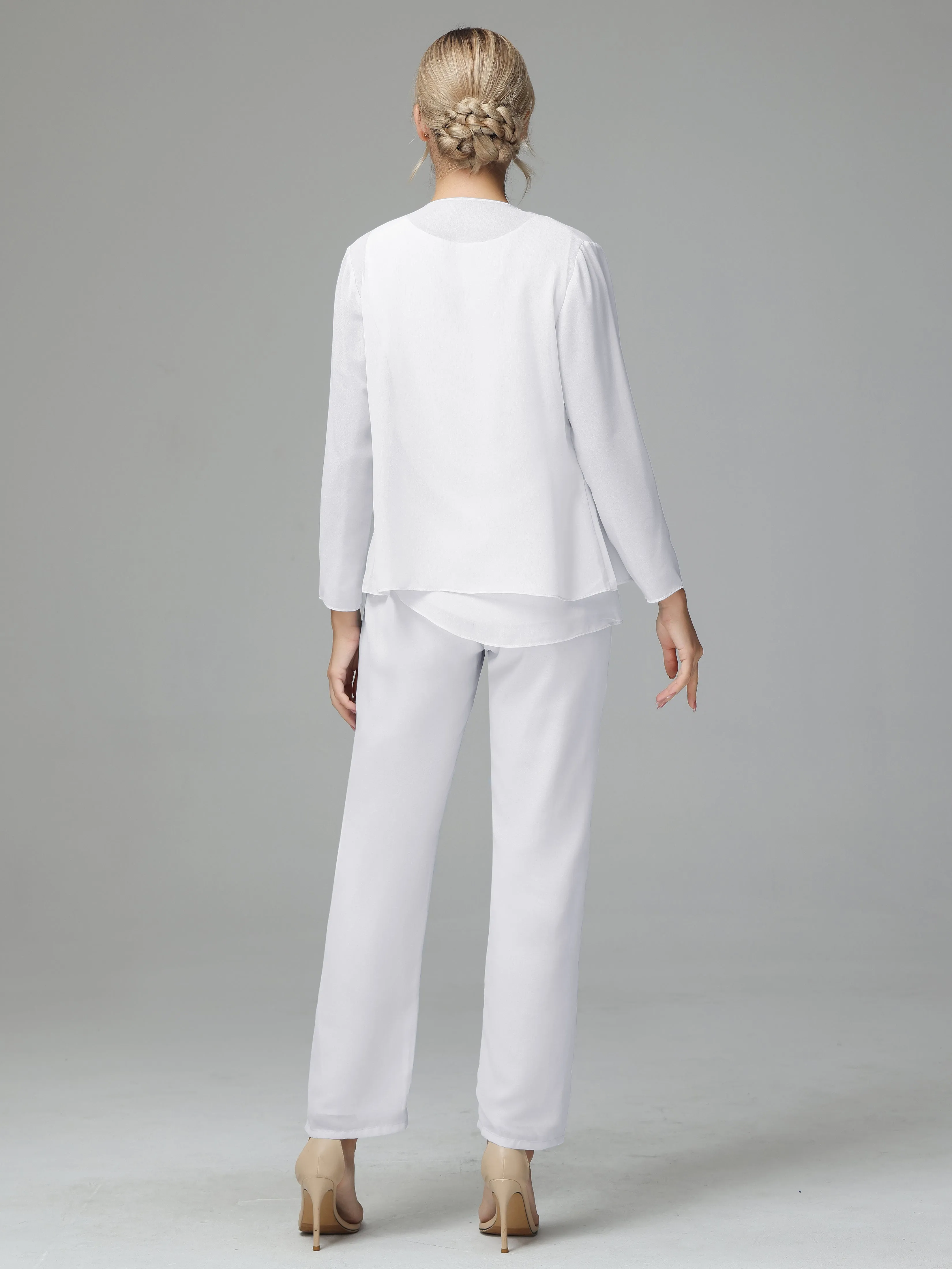 Long Sleeves 3 Pieces Chiffon Mother of Bride Dress Pant Suits