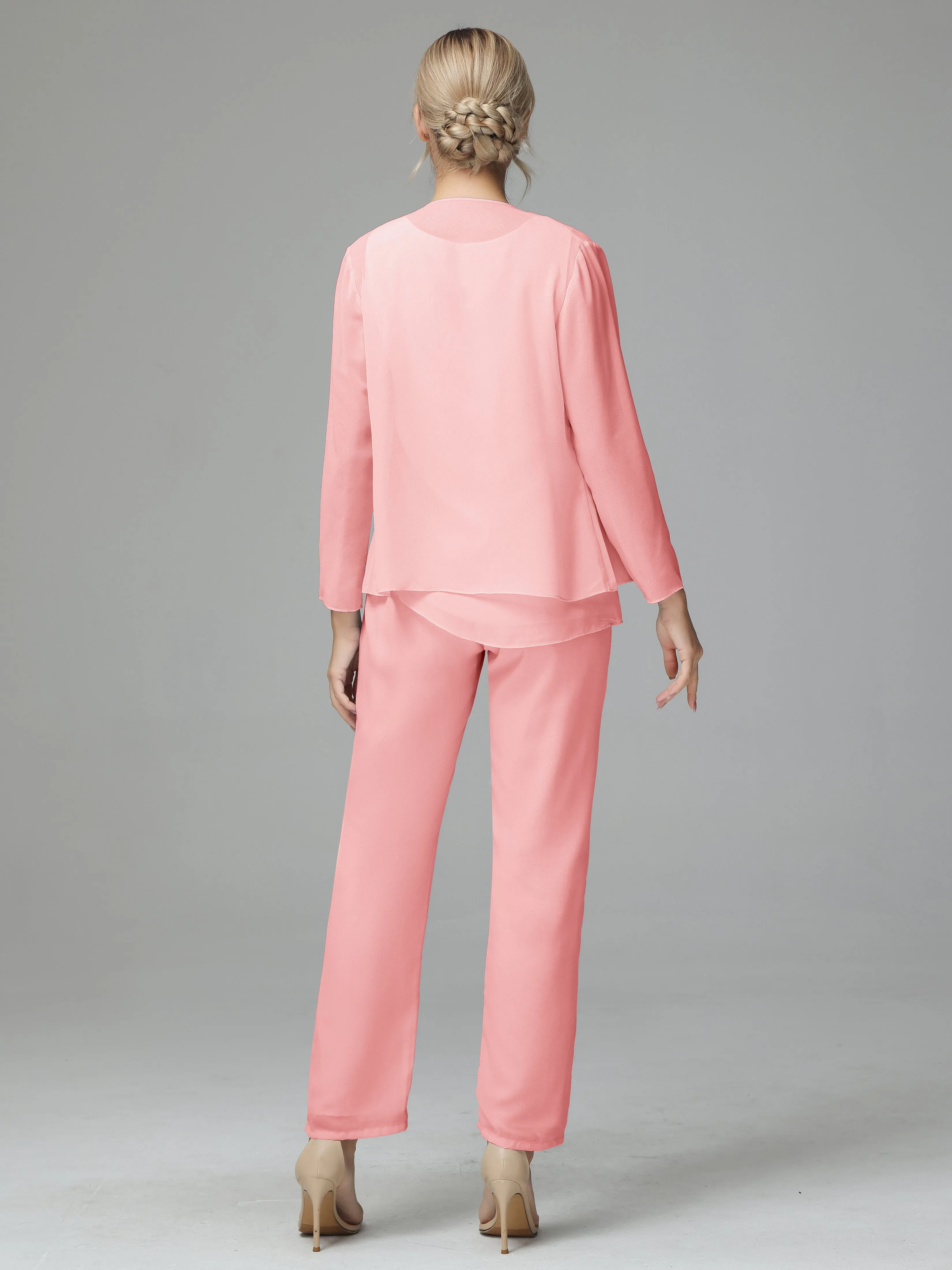 Long Sleeves 3 Pieces Chiffon Mother of Bride Dress Pant Suits