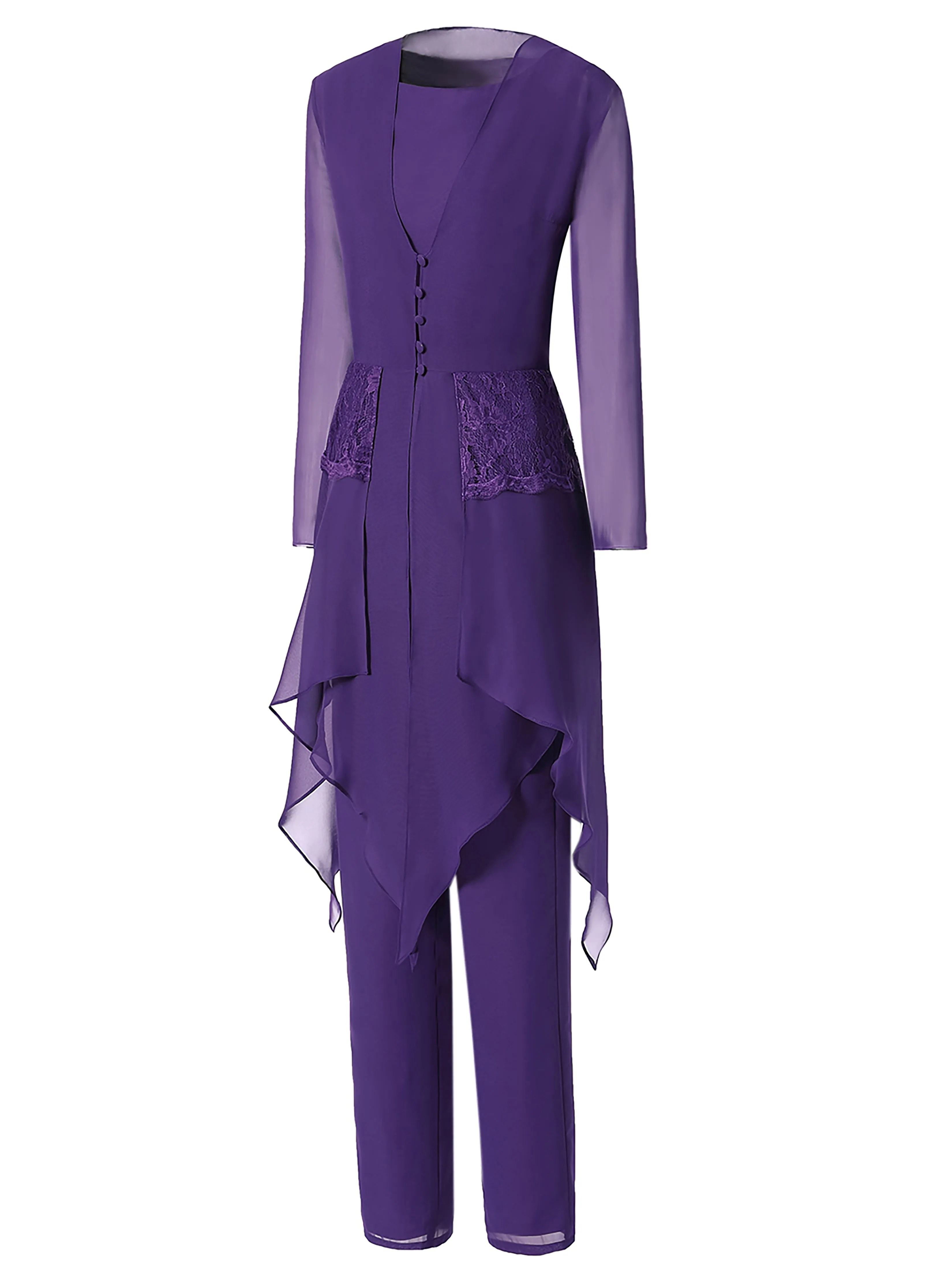 Long Sleeves Chiffon Lace Mother of the Bride Dress Pant Suits