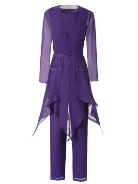 Long Sleeves Chiffon Lace Mother of the Bride Dress Pant Suits