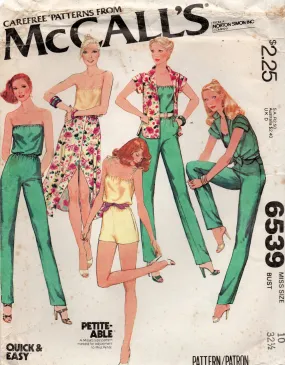 McCall's 6539 Womens Casual Jumpsuit Rompers Top & Skirt 1970s Vintage Sewing Pattern Size 10 UNCUT Factory Folded
