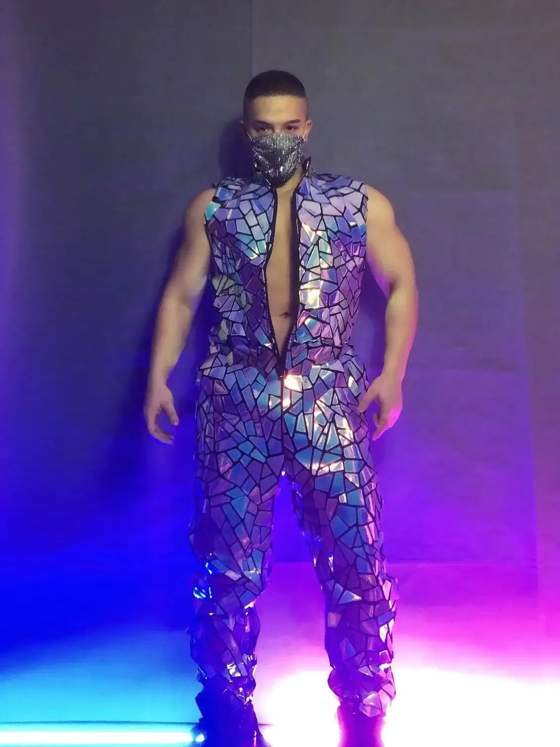 Mens Laser Mirror Sleeveless Jumpsuit Hip Hop Dancer Party Nightclub Outfit