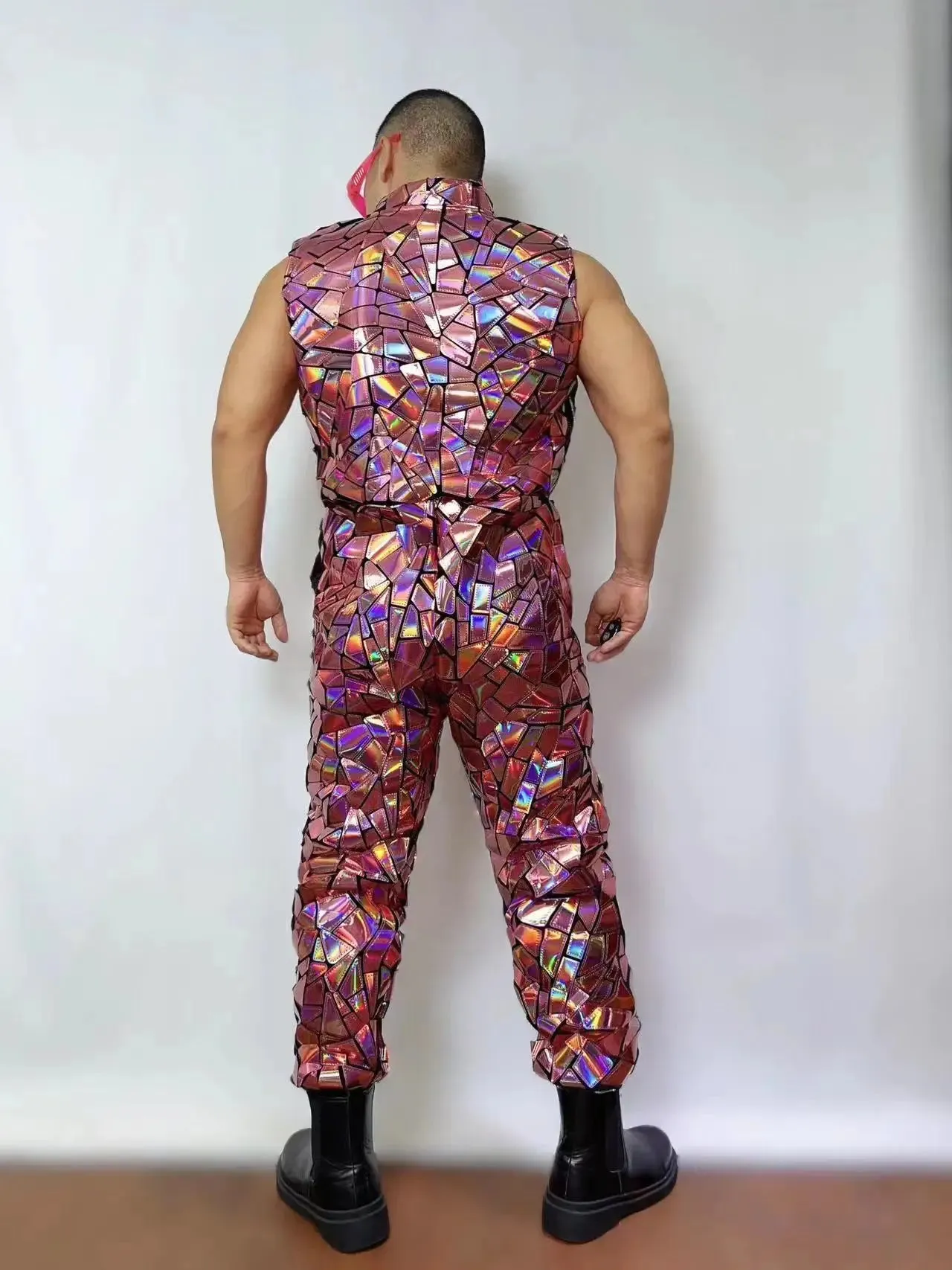 Mens Laser Mirror Sleeveless Jumpsuit Hip Hop Dancer Party Nightclub Outfit