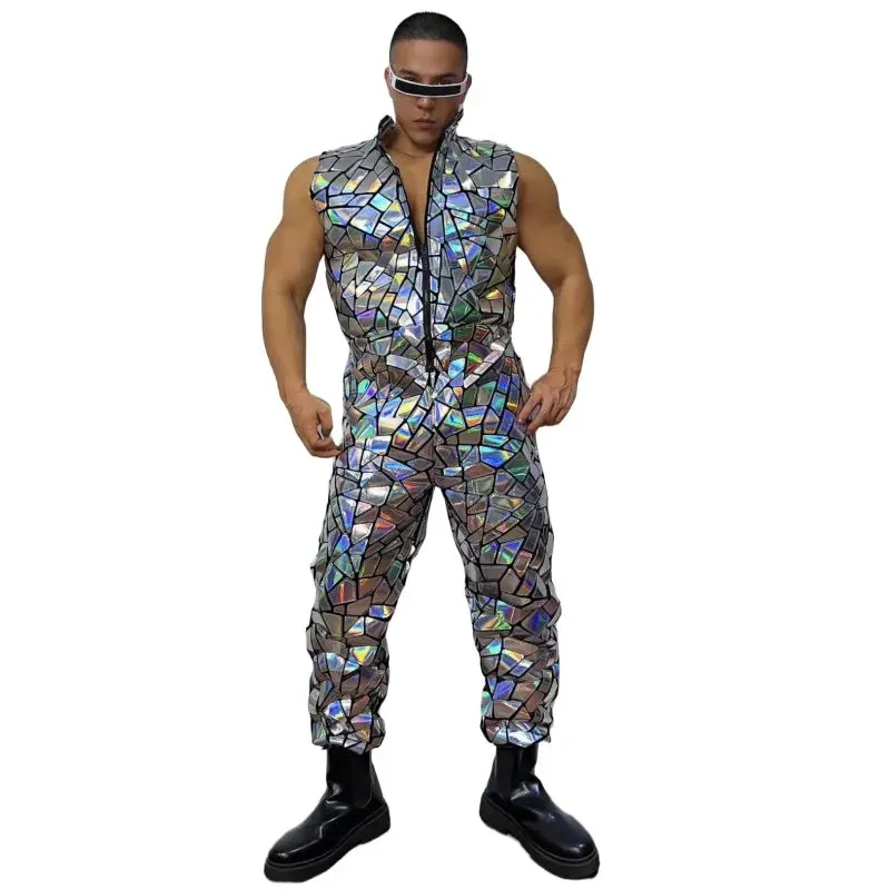 Mens Laser Mirror Sleeveless Jumpsuit Hip Hop Dancer Party Nightclub Outfit