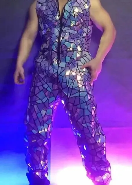 Mens Laser Mirror Sleeveless Jumpsuit Hip Hop Dancer Party Nightclub Outfit