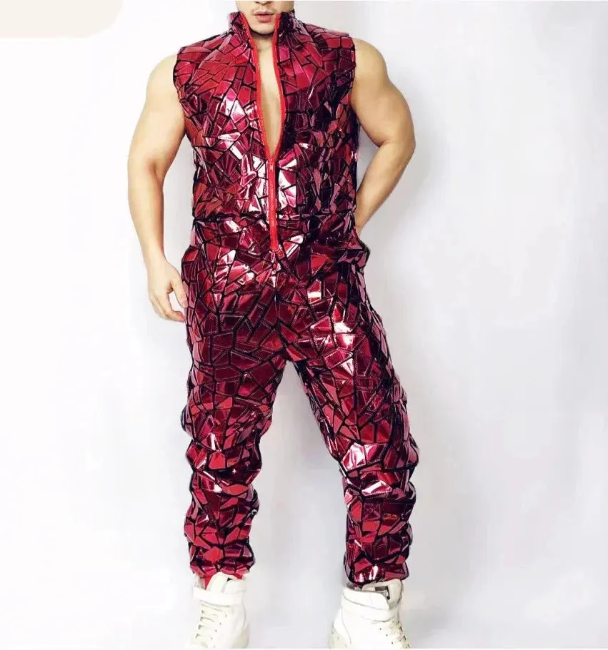 Mens Laser Mirror Sleeveless Jumpsuit Hip Hop Dancer Party Nightclub Outfit