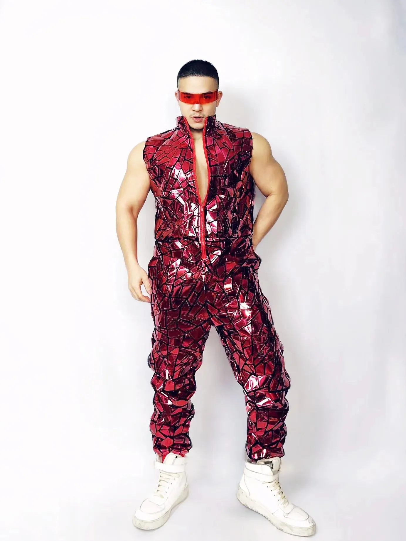 Mens Laser Mirror Sleeveless Jumpsuit Hip Hop Dancer Party Nightclub Outfit
