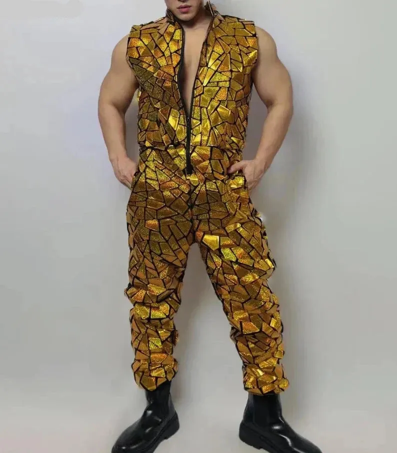 Mens Laser Mirror Sleeveless Jumpsuit Hip Hop Dancer Party Nightclub Outfit