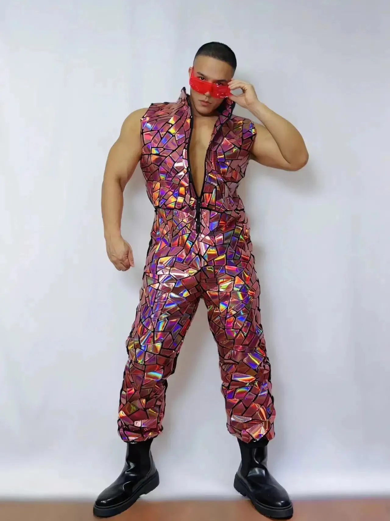 Mens Laser Mirror Sleeveless Jumpsuit Hip Hop Dancer Party Nightclub Outfit