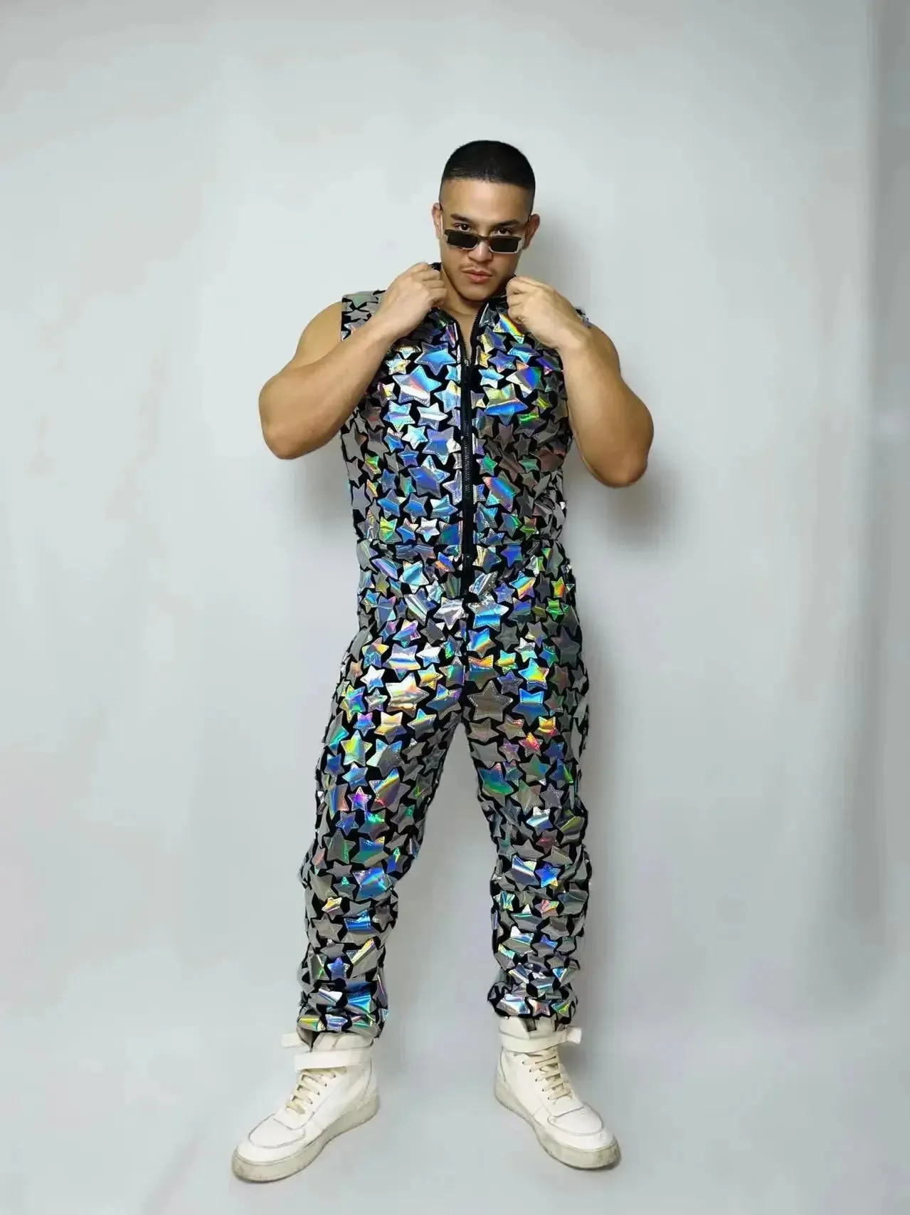 Mens Laser Mirror Sleeveless Jumpsuit Hip Hop Dancer Party Nightclub Outfit