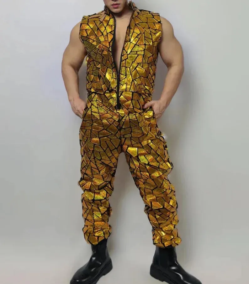 Mens Laser Mirror Sleeveless Jumpsuit Hip Hop Dancer Party Nightclub Outfit