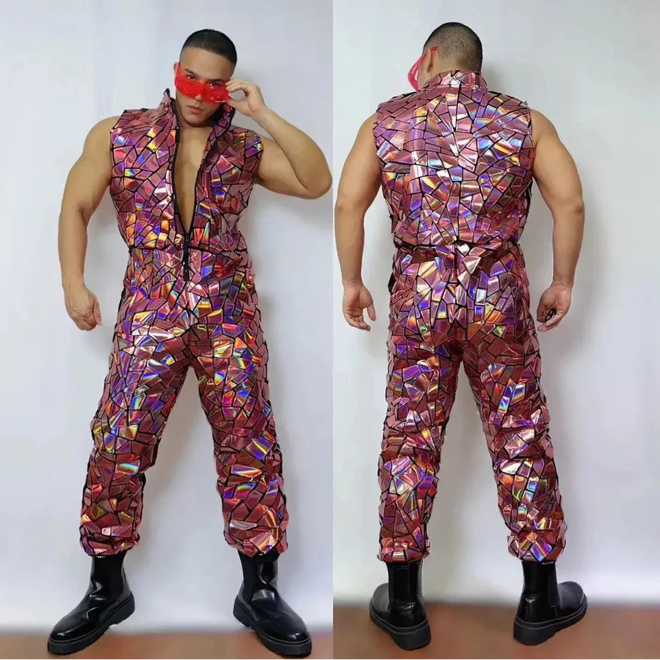 Mens Laser Mirror Sleeveless Jumpsuit Hip Hop Dancer Party Nightclub Outfit