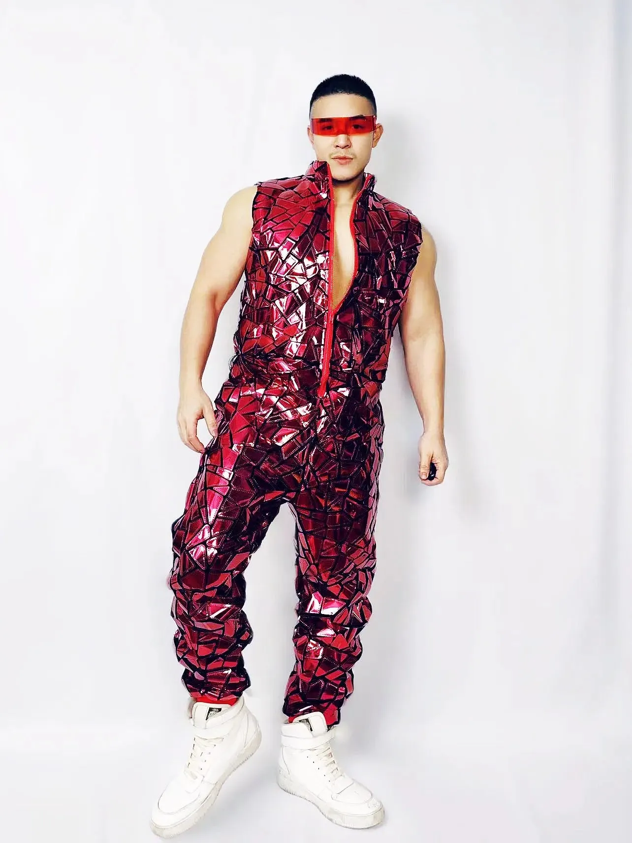 Mens Laser Mirror Sleeveless Jumpsuit Hip Hop Dancer Party Nightclub Outfit
