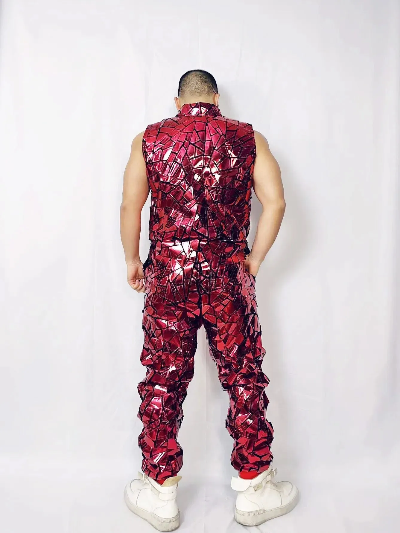 Mens Laser Mirror Sleeveless Jumpsuit Hip Hop Dancer Party Nightclub Outfit